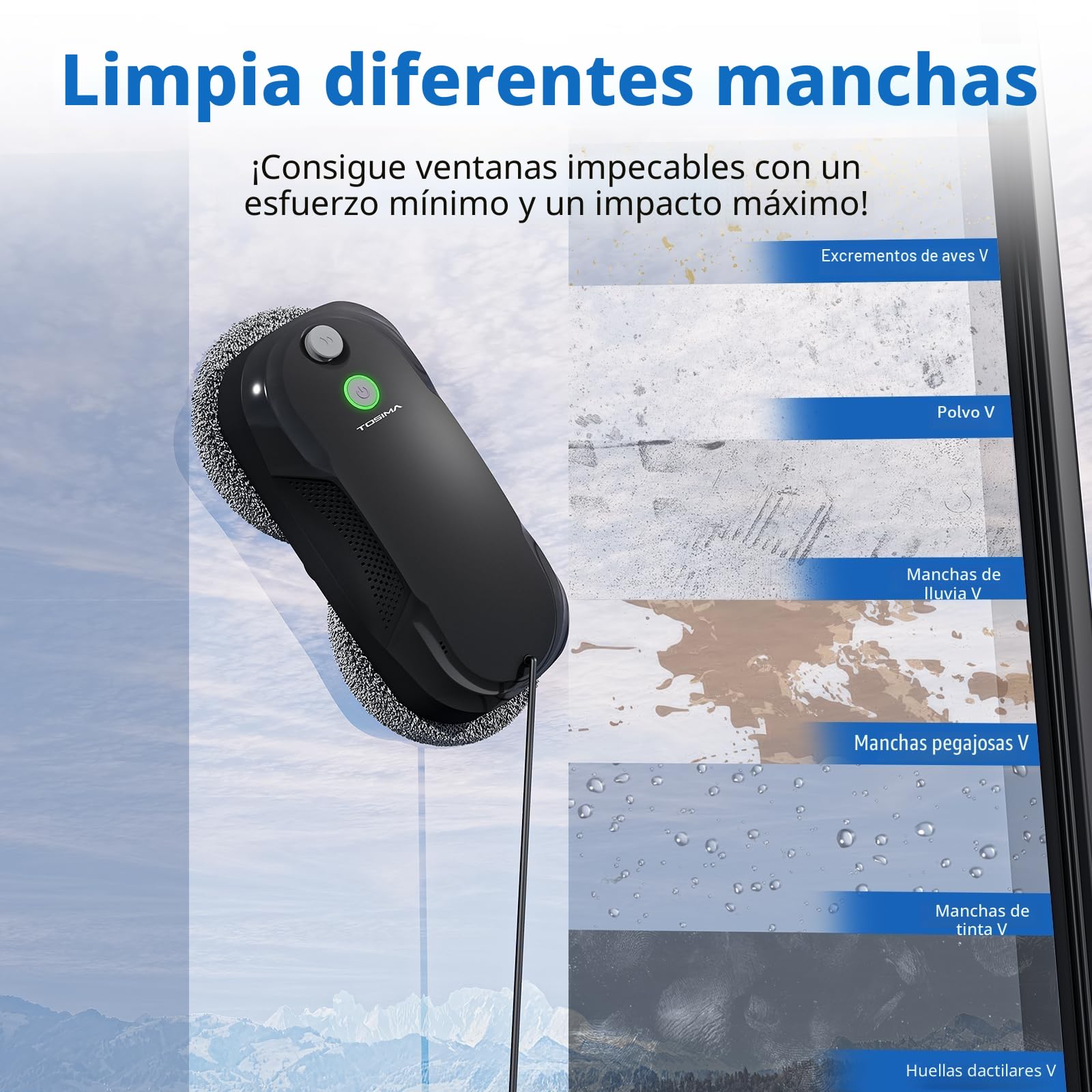 Tosima W5 6400 Pa Robot de Limpieza de Ventanas, pulverizador ultrasónico Doble, Limpiador de Cristales automático, Control Remoto, 20 paños de Microfibra (Rojo)