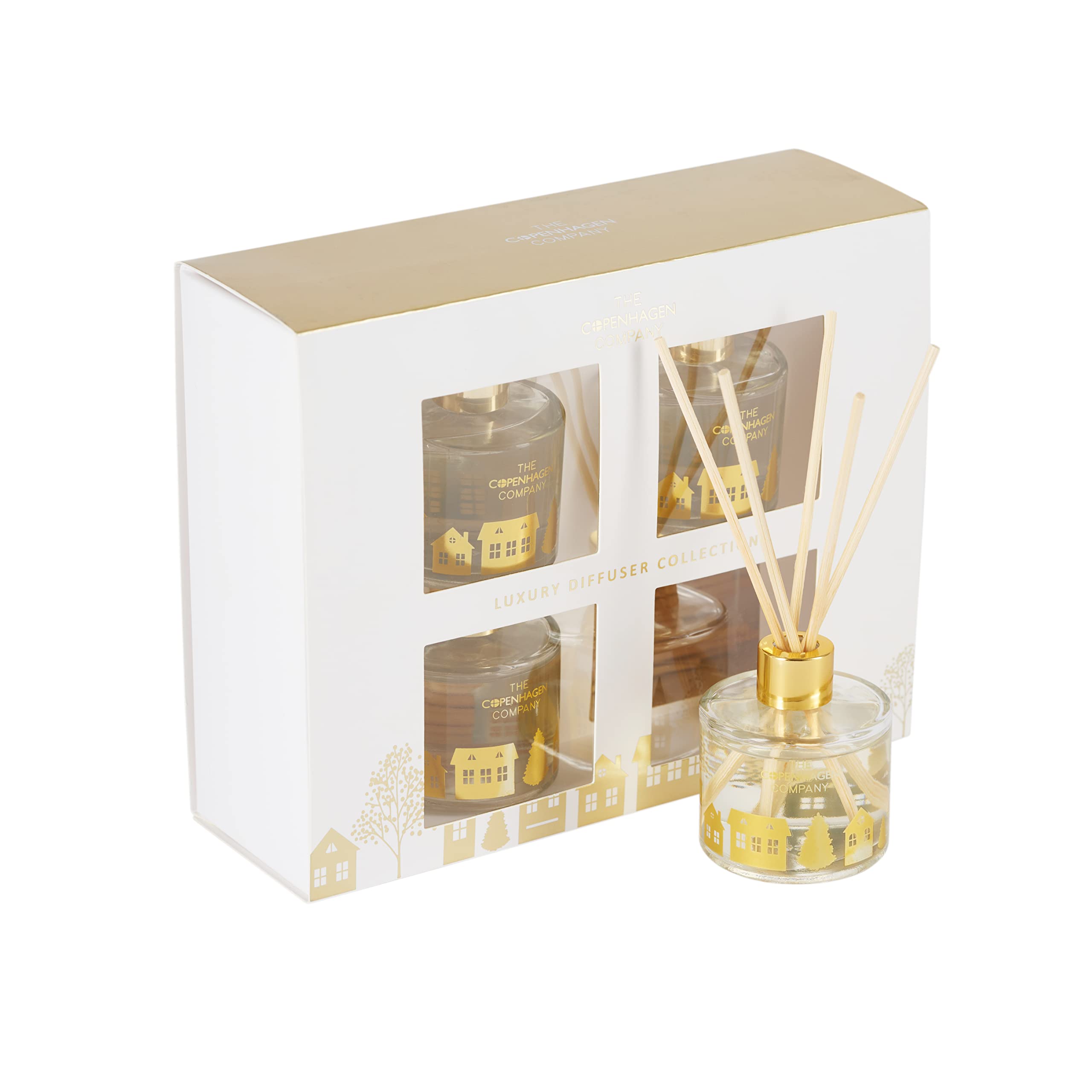 Luxury Christmas Scented Reed Diffuser Gift | 24 Weeks Combined Long Lasting Xmas Fragrance | The Copenhagen Company - Cinnamon, Orange & Vanilla (4 x 50ml)
