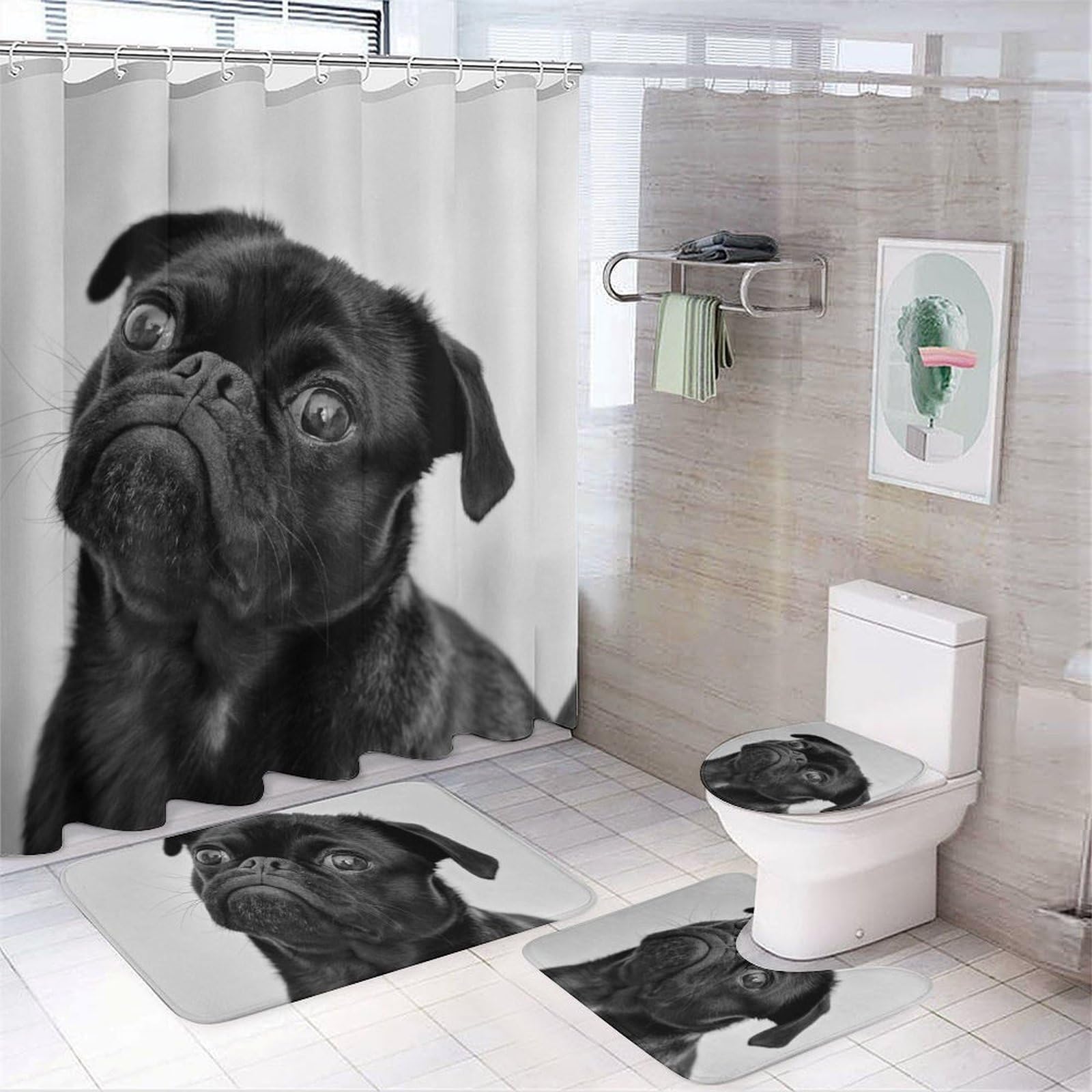 JZemdybill Bathroom Mat Set 4 Piece, Cute Black Pug Dog Shower Curtain with Non-Slip Bath Mats for Bathroom