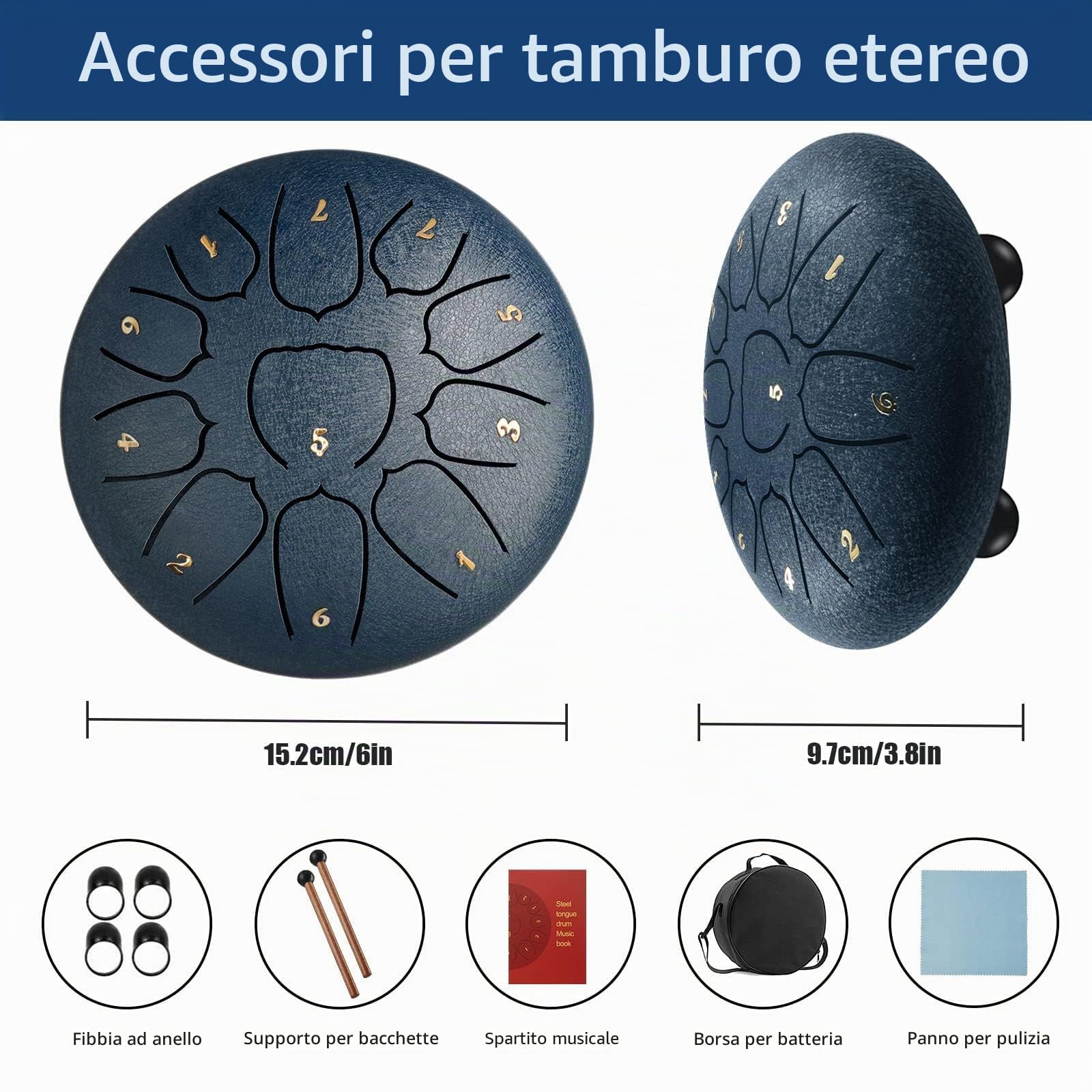 CIRULLI Tongue Drum 11 note da 6 pollici, tamburo per la lingua, in acciaio, con scatola per accessori, tasca, lettore musicale e bacchetta per meditazione, yoga, guarigione del suono