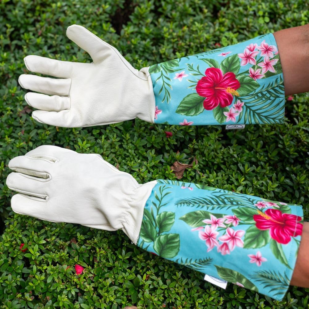 Palm Leather Gauntlet Length Gardening Gloves, Medium
