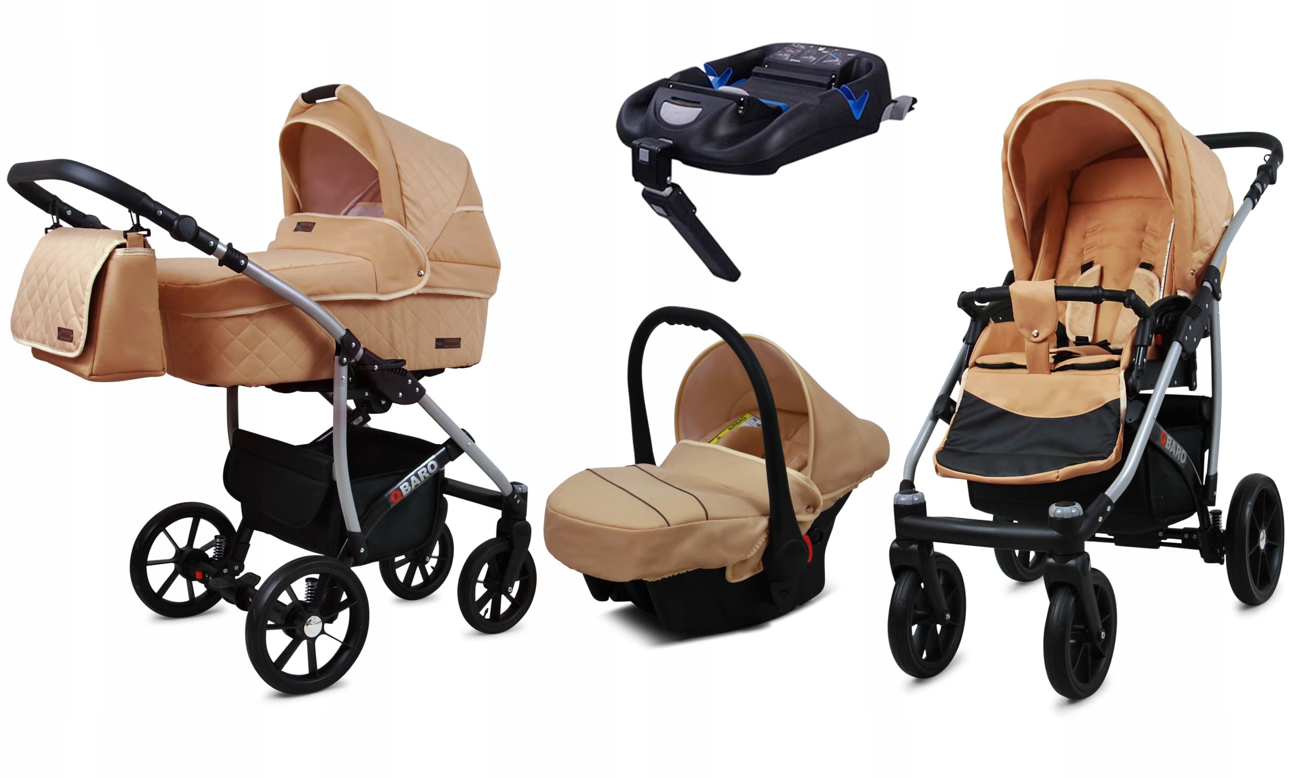 BabyLux® Zestaw wózków dziecięcych 4 w 1 – Qbaro – w zestawie wanienka dla niemowląt, fotelik sportowy, fotelik samochodowy, stacja bazowa ISOFIX – fotelik samochodowy – zestaw wózków dziecięcych