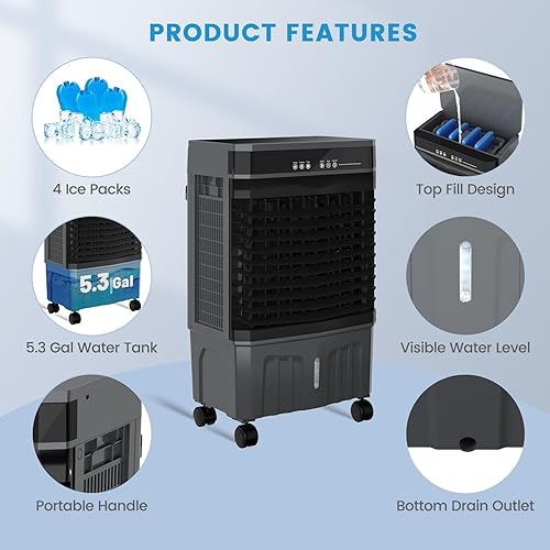 Miniatura 5 de Zynkez Enfriador portátil de pantano de 1800CFM para interiores y exteriores, enfriador de aire evaporativo 3 en 1 con tanque de agua de 5.3