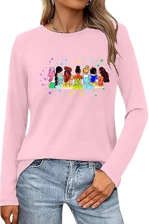 AMWIPE Magical Shirt for Women Princess Long Sleeve Tshirt Dress Graphic Tee Funny Family Vacation Tshirt Holiday Tops