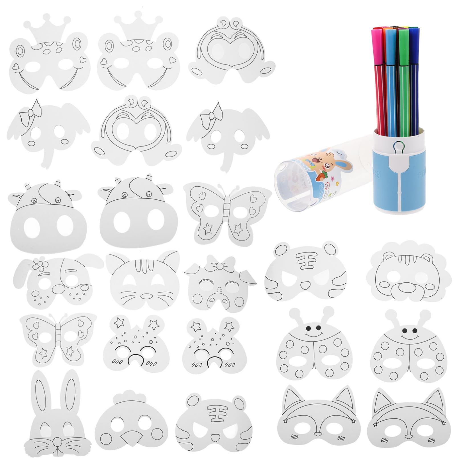BESPORTBLE Set Maschere Bianche DIY 24 Pezzi Carta per Bambini | 12 Pennarelli ad Acquerello Inclusi, Festa Scuola Decor, Stile Animale per Pittura Creativa Stile Casuale