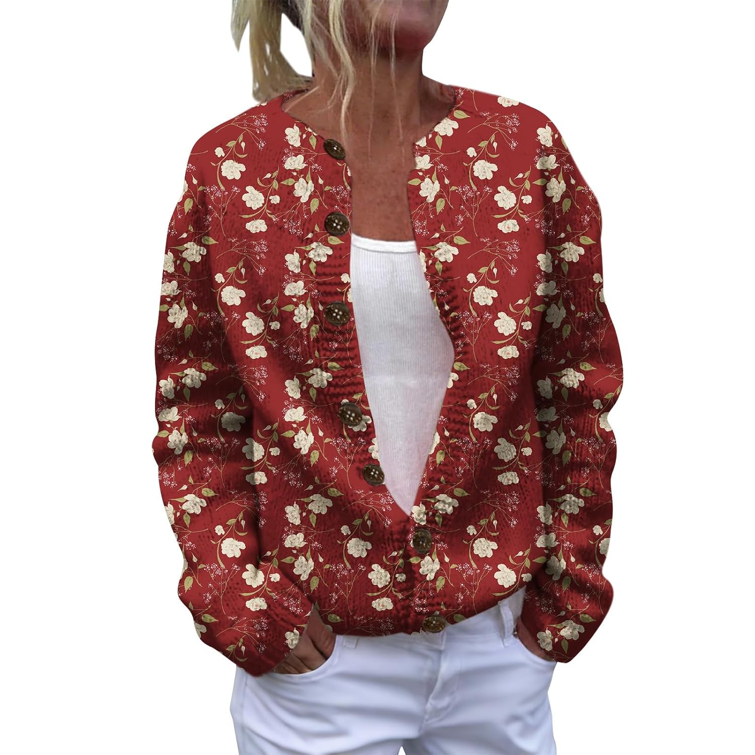 2026 Fall Sweater for Women Floral Cardigan Sweater Open Front Long Sleeve Button Down Knit Sweater Vintage Outerwear