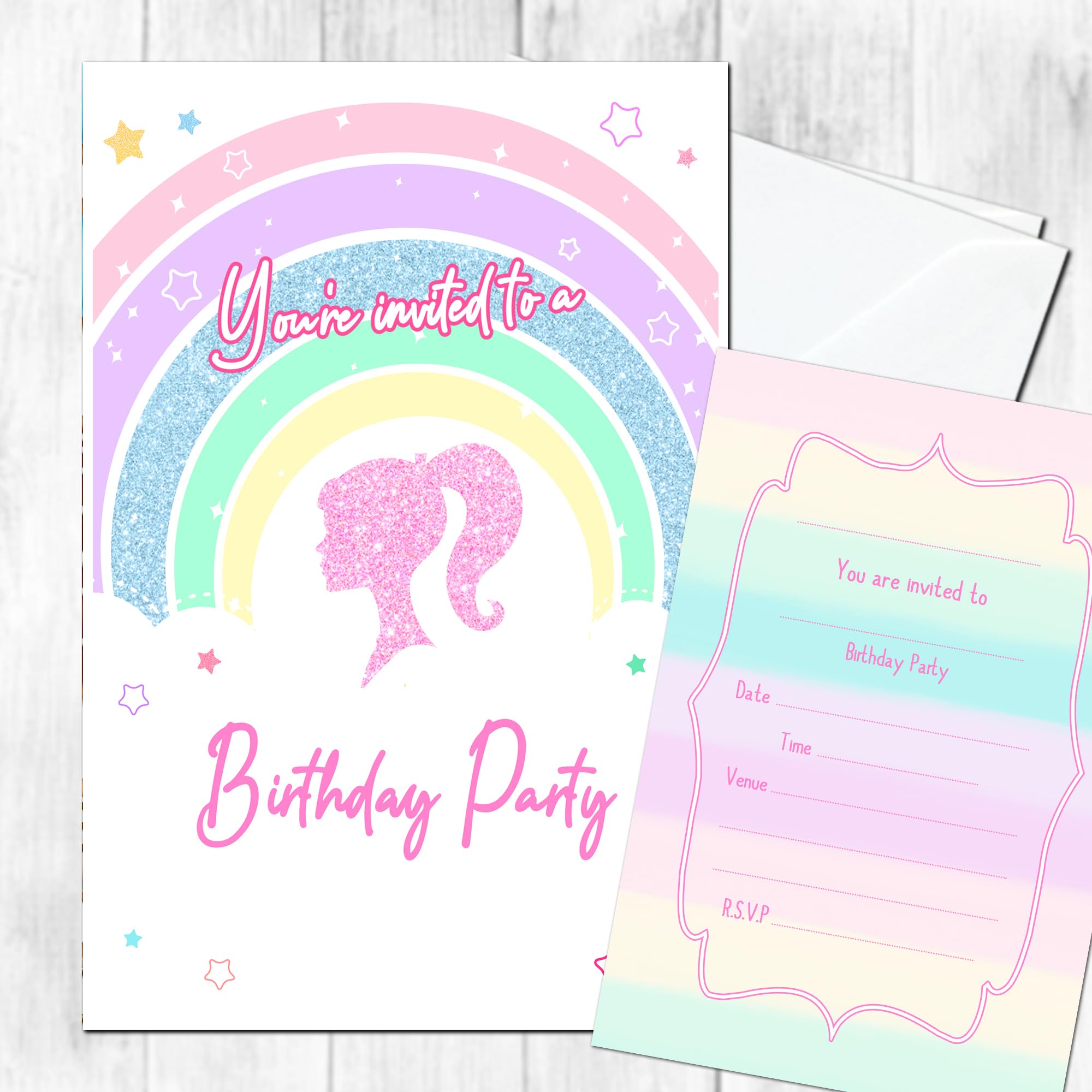 Girls Party Invites Princess Unicorn Rainbow (WRITE ON) Birthday Party Invitations (Rainbow Girl Pack of 20 with envelopes)
