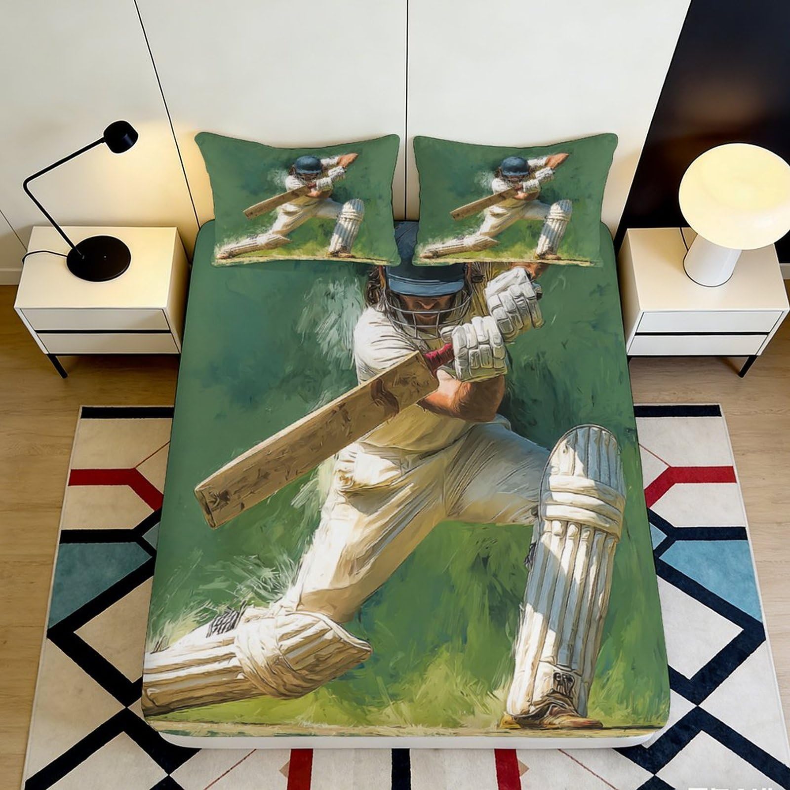 3D Printed Cricket Player Fitted Sheet Microfiber Soft Green Sports Mattress Cover for Bedroom Dorm Decor 90x200x25cm