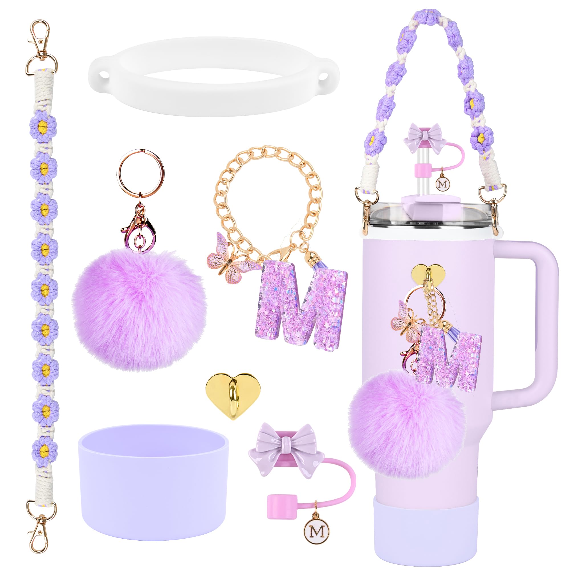 QUNNDY Stanley Cup Accessories Set, 10mm Stanley Straw Topper, Siliocne Stanley Cup Boot, Water Bottle Handle Strap, Stanley Letter Charms for Stanley Cup 40oz 30oz Tumbler (M)