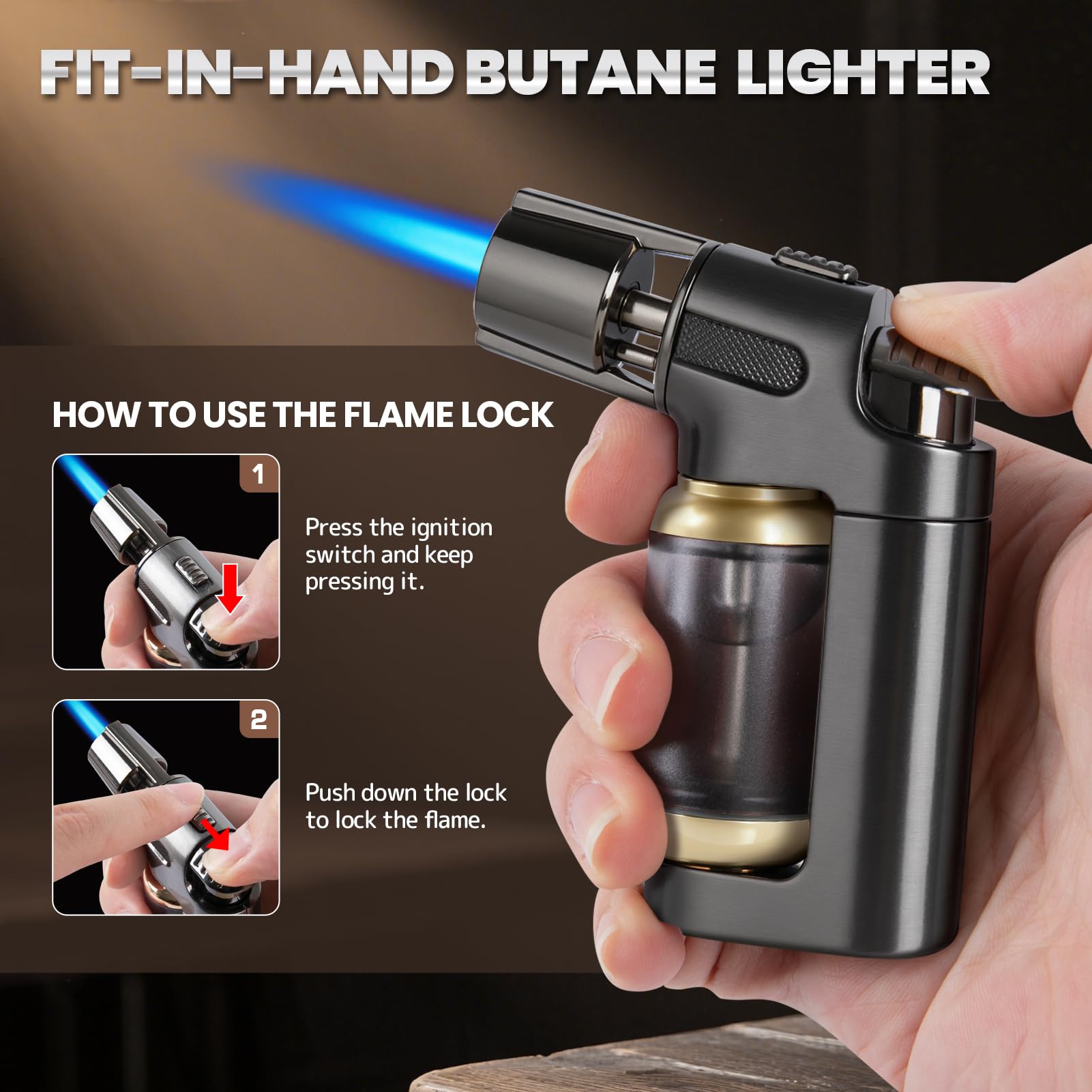 CHOICEDC Butane Torch Lighter, Jet Flame Refillable Butane Lighter with Safety Lock, Visible Fuel Tank, Punch, Windproof Adjustable Mini Blow Torch Lighters for Cooking Creme Brulee BBQ Candle, No Gas