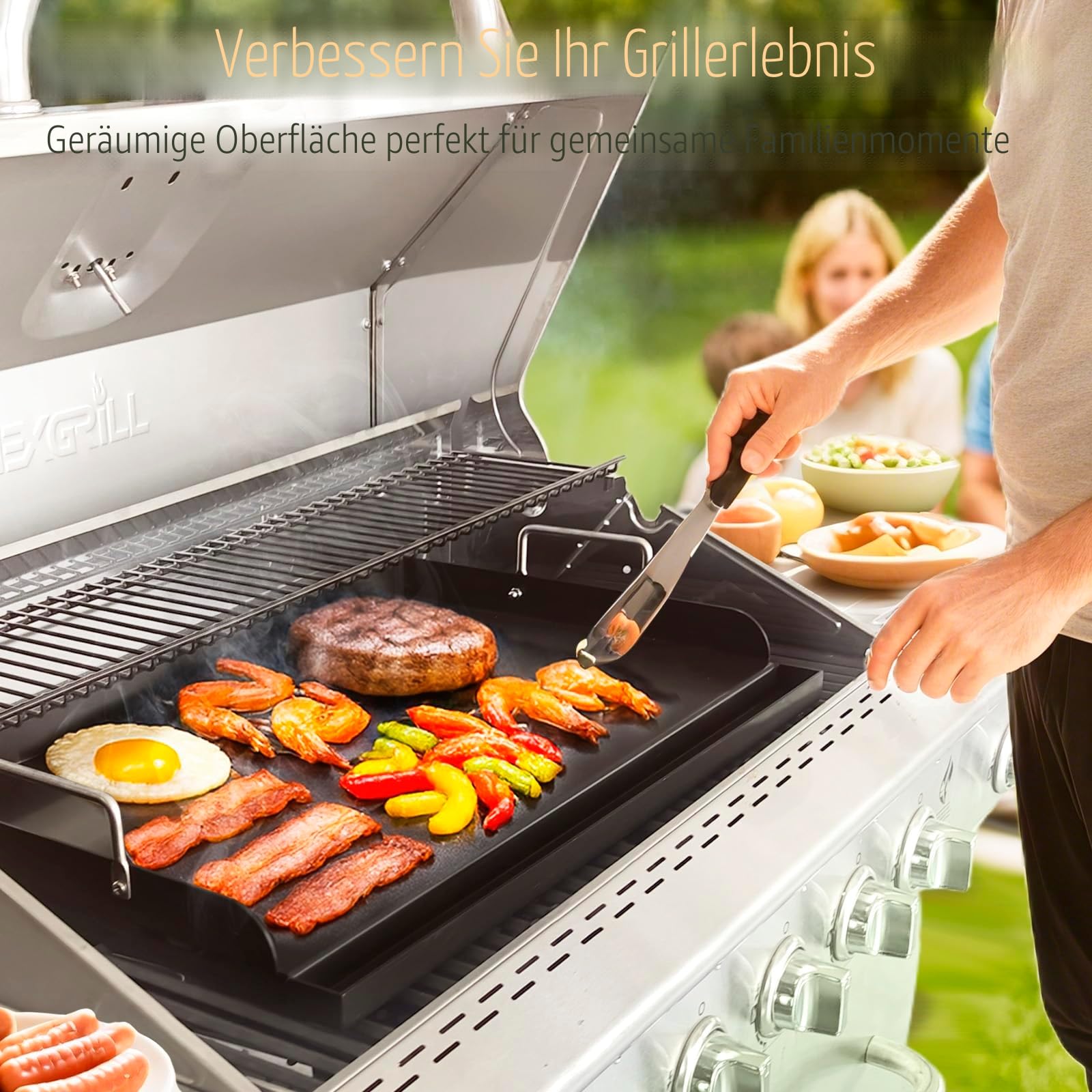 GFTIME Grillplatte 63,5 x 40,6cm, Universal Plancha für Gasgrills und Holzkohlegrills, Elektrogrill, Universal Grillpfanne Flache Oberplatte, Antihaftbeschichtung, Große Rechteckige Grillplatte