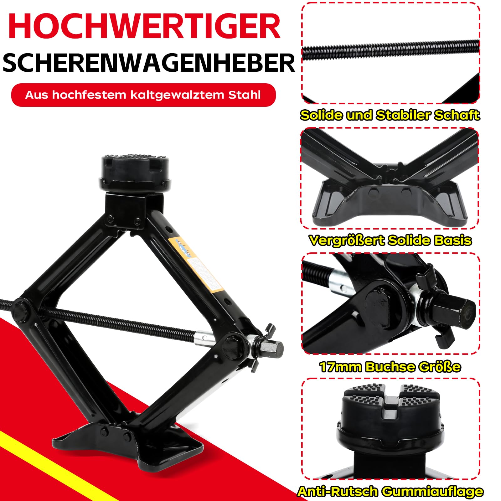 Warmfay Gato hidráulico 3T/3000 kg, gato universal de tijera de 100 a 430 mm de altura de elevación con revestimiento de goma para coche, portátil, resistente, de acero, incluye llave de tuercas de