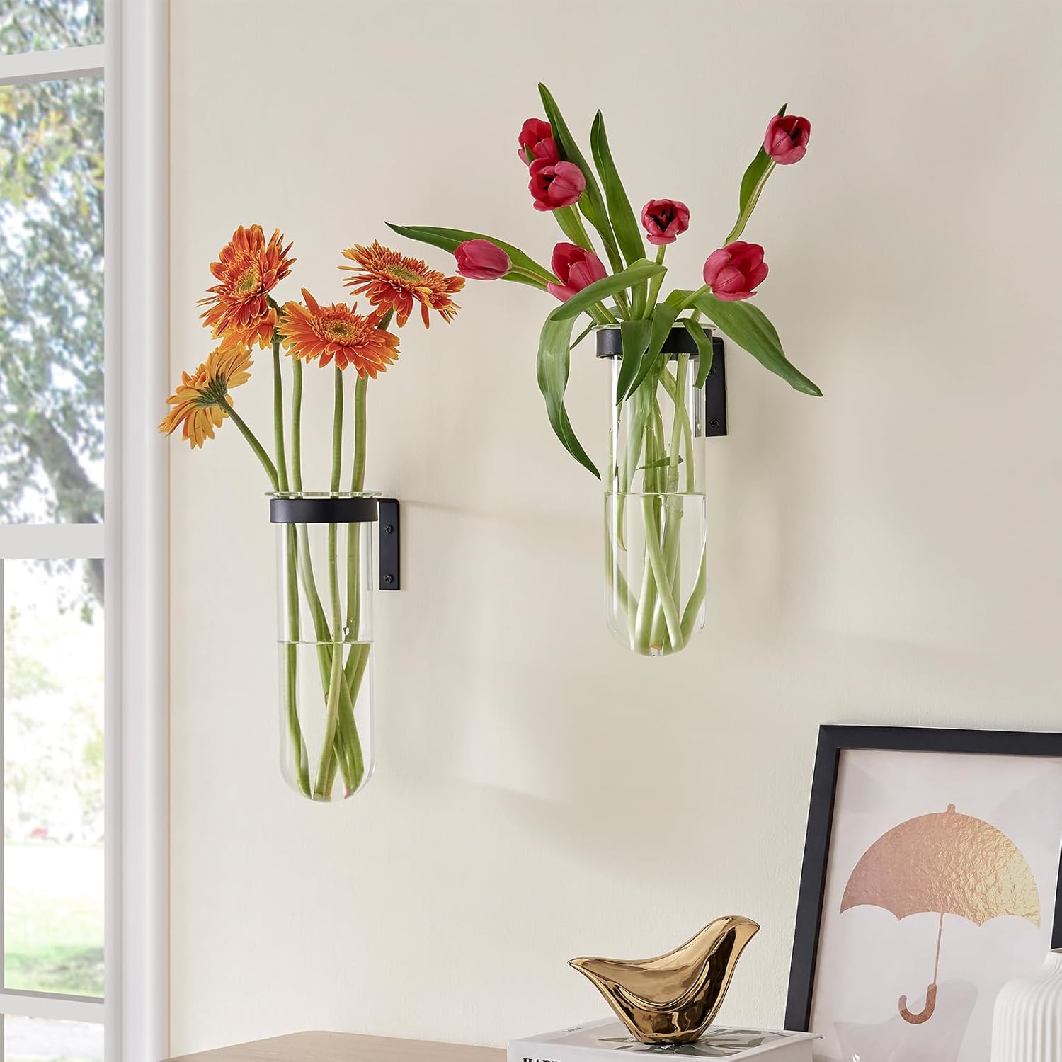 2 Piece Hanging Glass Wall Vase Set, Iron Metal Plant Stand with Clear Borosilicate Glass Tubes, Creative Wall Mount Vase for Flowers, Air Plants, Home Office Wedding Decoration