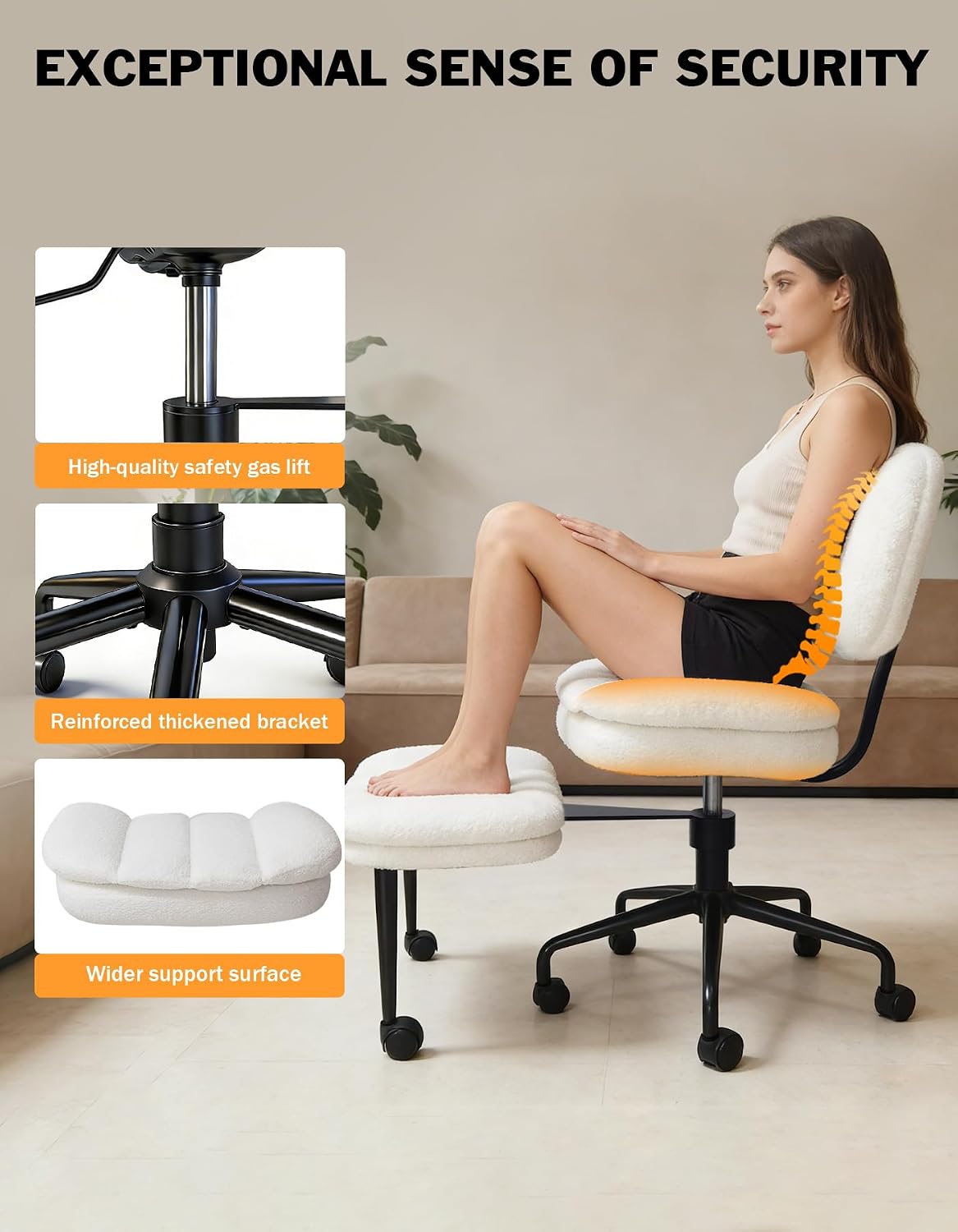 Plush Cross Legged Office Chair - Wide Seat for Criss Cross Sitting, 360° Spinning Teddy Fabric Sensory Chair, Modern ADHD Chairs for Adults, Cozy Home Office Meditation Seat Teddy&White