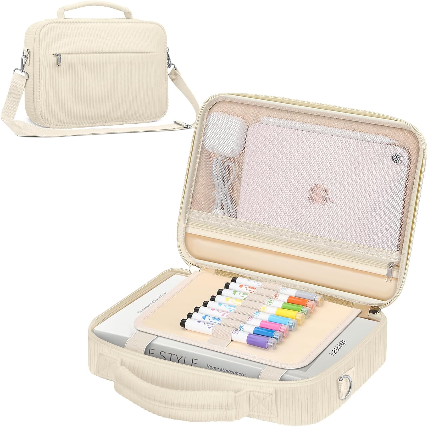 FINPAC Large Bible Cover w/Shoulder Strap, Carrying Book Case Church Bag Bible Protective w/Pen Slots and Zippered Pocket, Gift for Women Lady, Corduroy Beige
