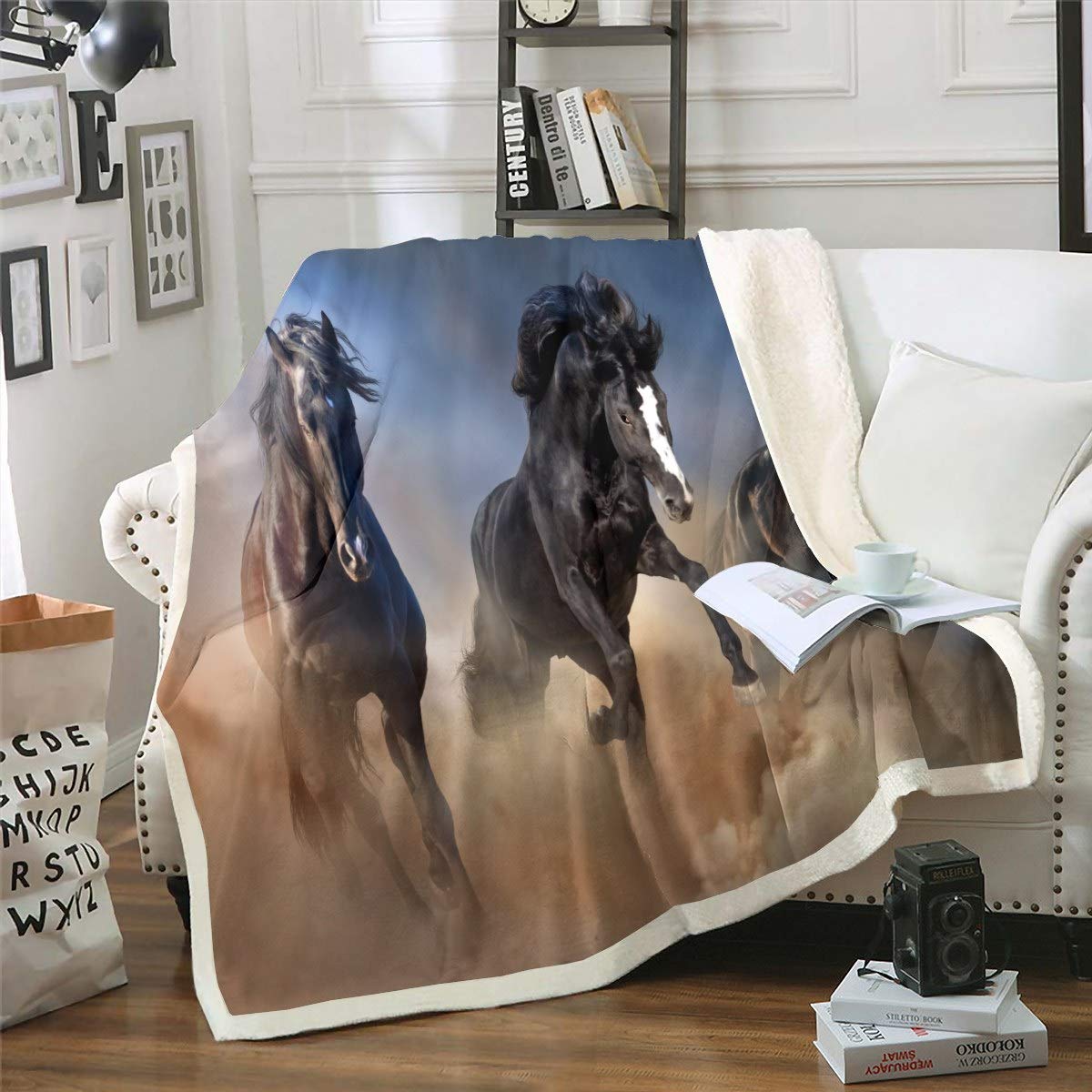 Loussiesd Boys Multicolored 16 Horse Throw Blanket Galloping Horse Printed Fleece Blankets For Kids Teens 3D Wild Animal Pattern Sherpa Blanket Wildlife Style Fuzzy Blanket For Chair Office Plush Blankets Single 50"X60"