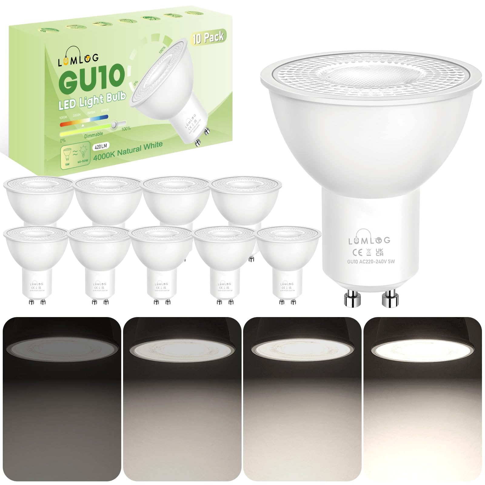 Lumlog GU10 Led Bulbs, 4000K Natural White 5W Spotlight Light Bulb, 420LM Energy Saving LED Bulb, (40-50W Equivalent), CRI > 80, 38° Beam Angle, Non-Flicker, Dimmable 10 Pack
