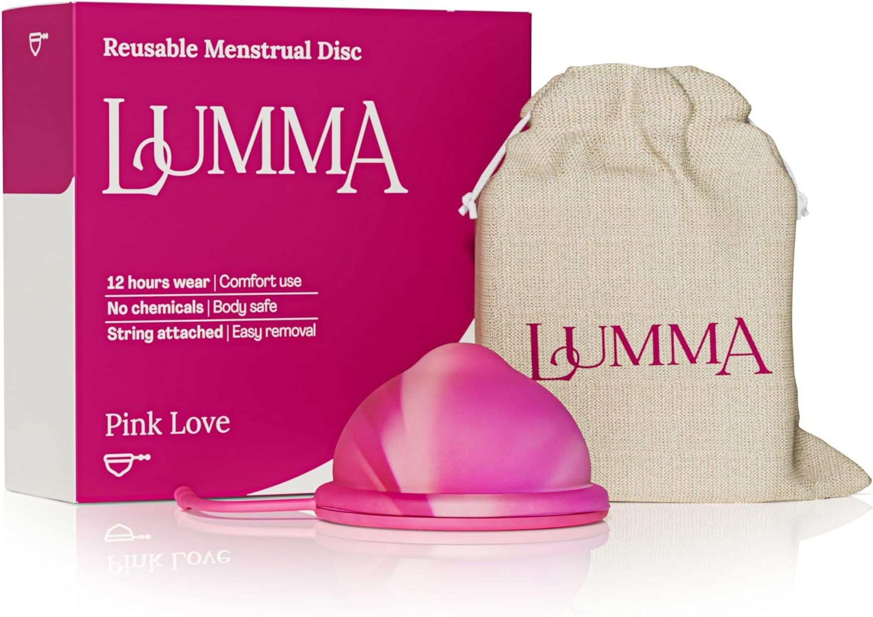 LUMMA Menstrual Disc - Includes Carrying Pouch and Silicone String for Easy Removal - Comfortable & Sustainable Choice to Tampons - Reusable Medical Grade Silicone, Leak-Proof - Pink Love, High-Cervix