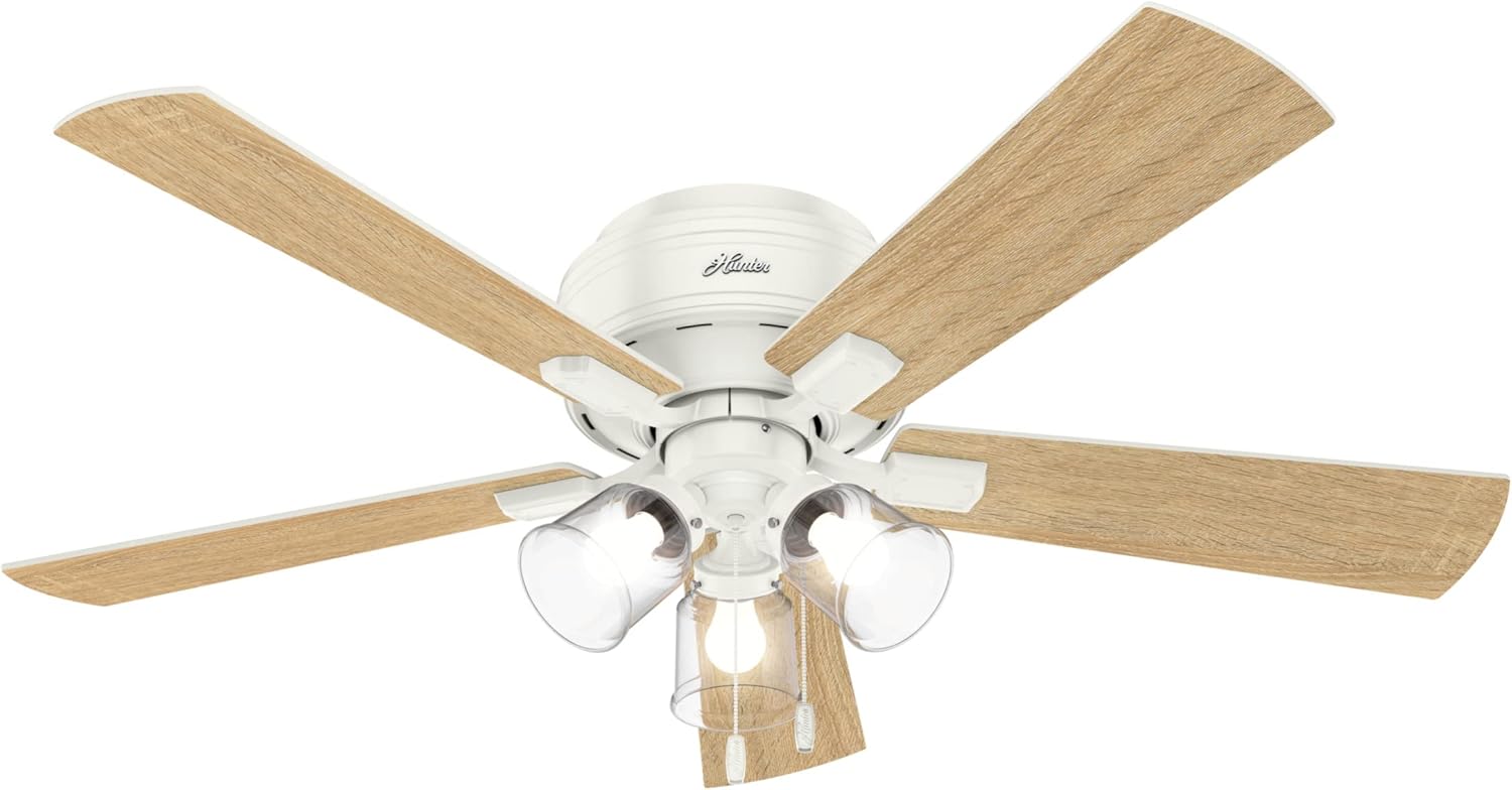 Hunter Fan Company, 54207, 52 inch Crestfield Fresh White Low Profile Ceiling Fan with LED Light Kit and Pull Chain