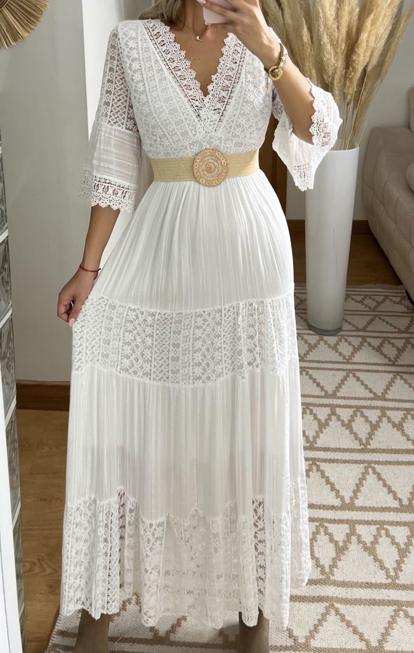 Vestido largo de encaje para mujer con cuello en V, mangas acampanadas 3/4, blanco, vestido bohemio de encaje, vestido bohemio