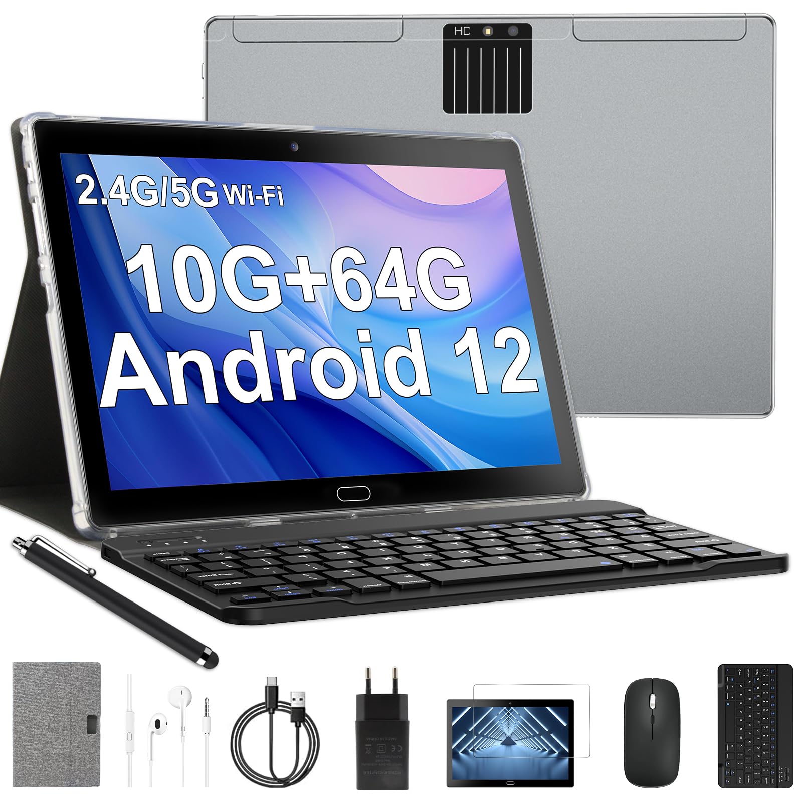 Semeakoko Tablet 10.1 Inch Android 12, 10GB RAM+64GB ROM, Expandable 512G, 6000mAh Battery, 2.4G/5G WiFi, BT, GPS, IPS Touchscreen, Dual Camera, 2-in-