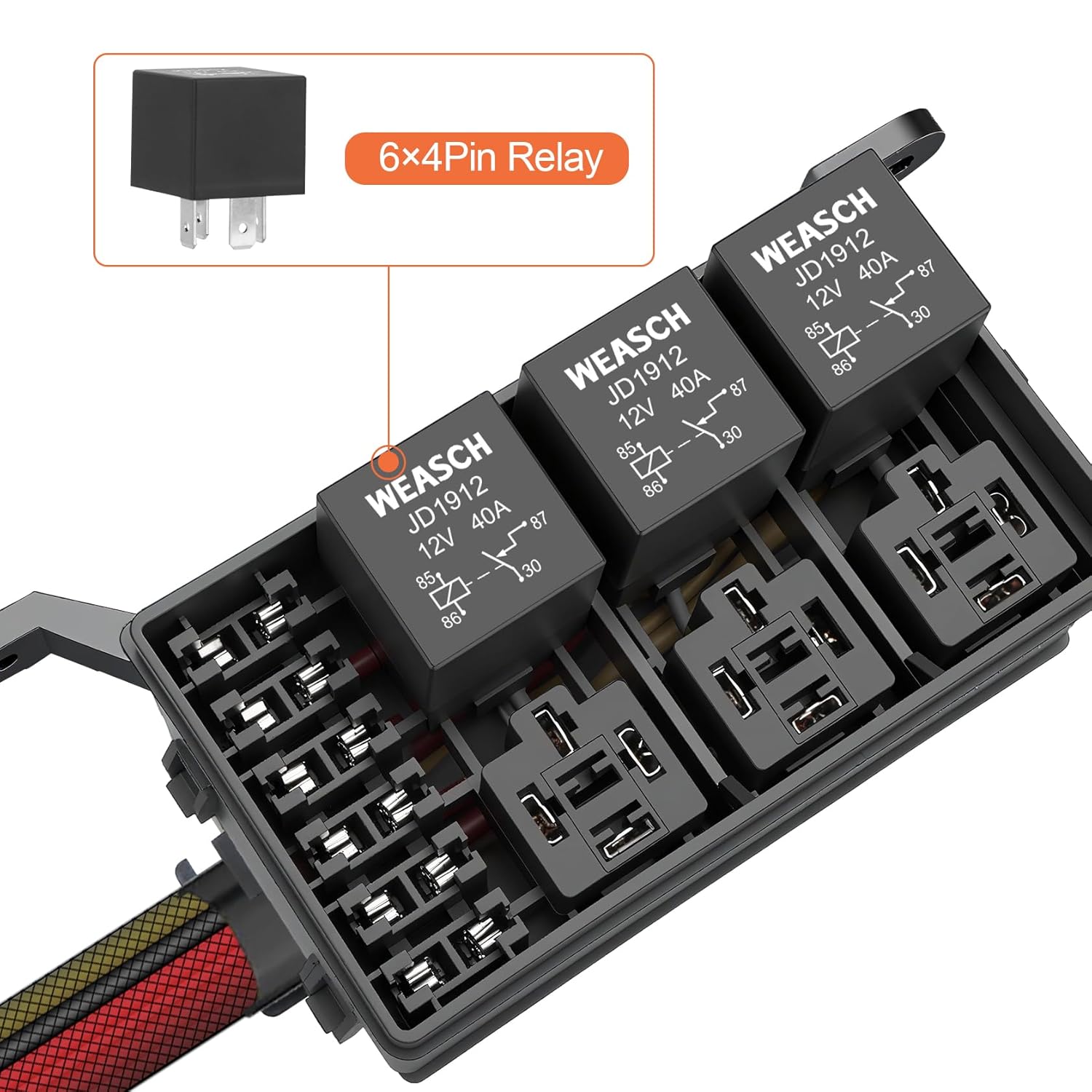 12V Fuse Relay Box, 6 Way Relay Fuse Box, with 12 AWG Pre-Wired, 6 Relays and 6 ATC/ATO Blade Fuses, 4-Pin Relay Box Block Kit, for Cars Truck Marine Boat Jeep (Pre-Wired Fuse/Relay Kit)