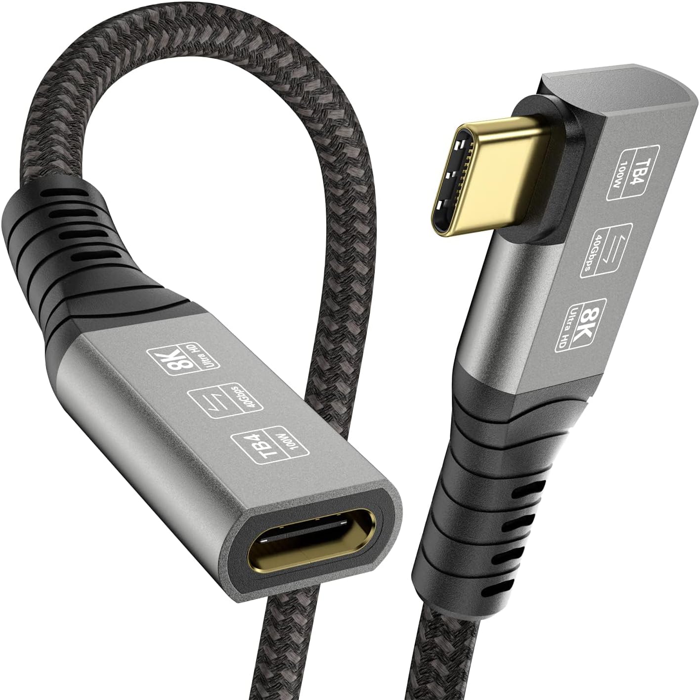 USB C Thunderbolt 4 Extension Cable Right Angle, USB4 Extender Cable 90 Degree, 8K 60Hz Video / 100W Charging Compatiable with Thunderbolt 4/3, USB 4/3, Type C, for Mac, eGPU, SSD, 0.8m
