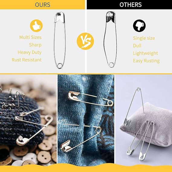 XKDOUS Safety Pins - 150 Pcs Assorted Sizes Black Pins Bulk - Small & Large Heavy Duty for Clothes, Sewing, Craft