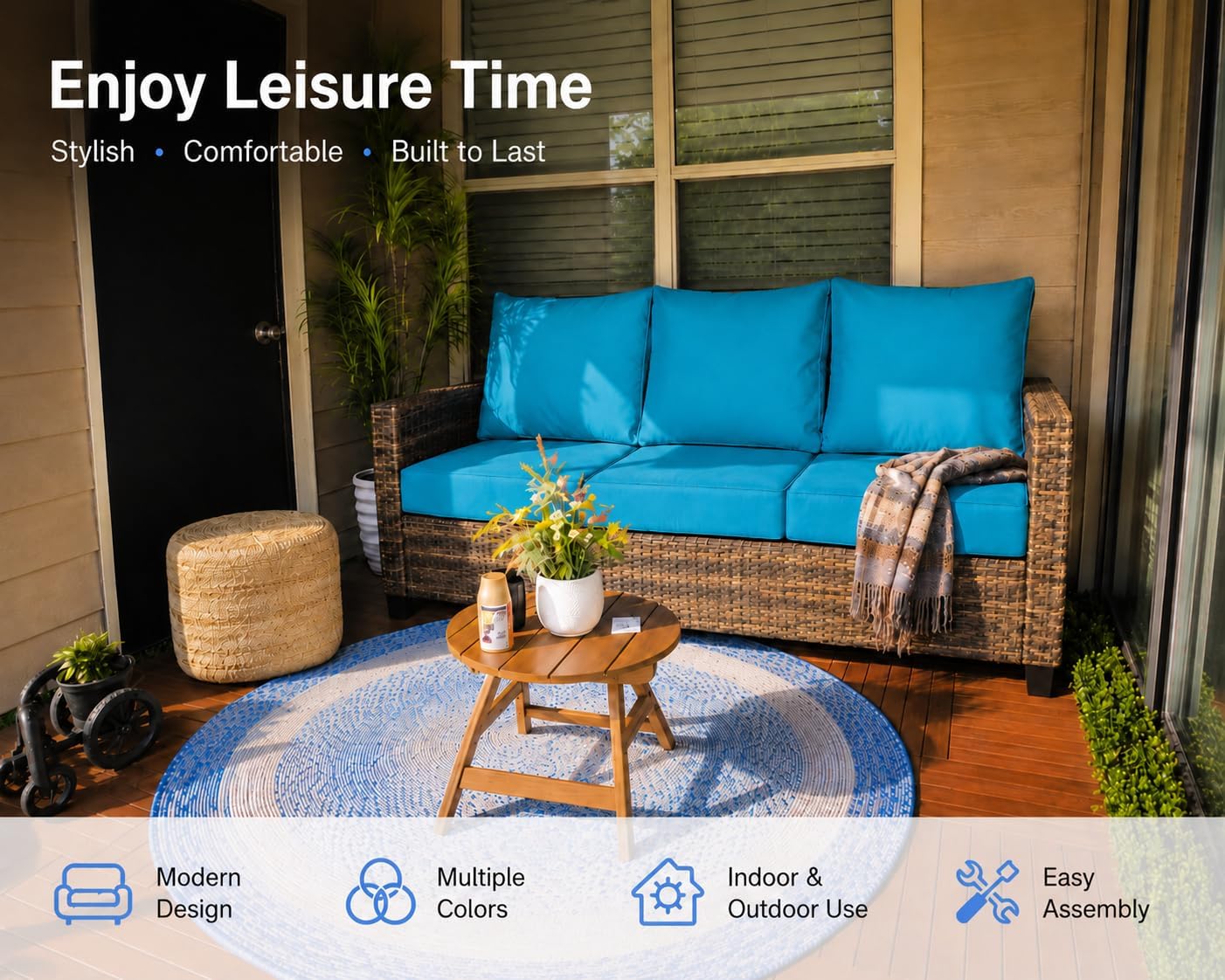 TARKARI All Weather Wicker Patio Couch, 3 Seats Patio Sofa with High Curvy Back, Outdoor Sofa with Brown Wicker and Thick Cushions for Garden, Backyard, Porch, Peacock Blue