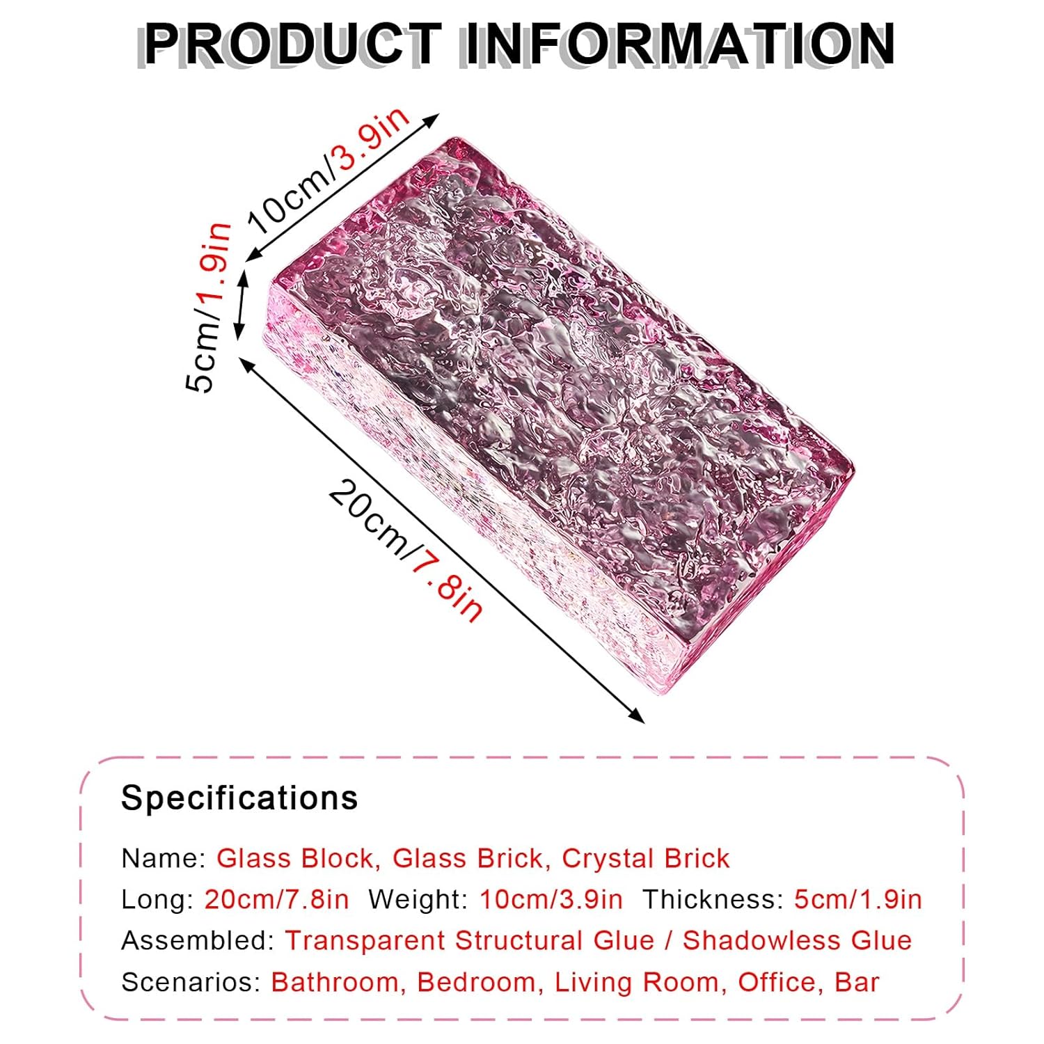 Architectural Glass Bricks Rectangular Transparent Crystal Bricks for Modern Office & Home Renovation(Pink)