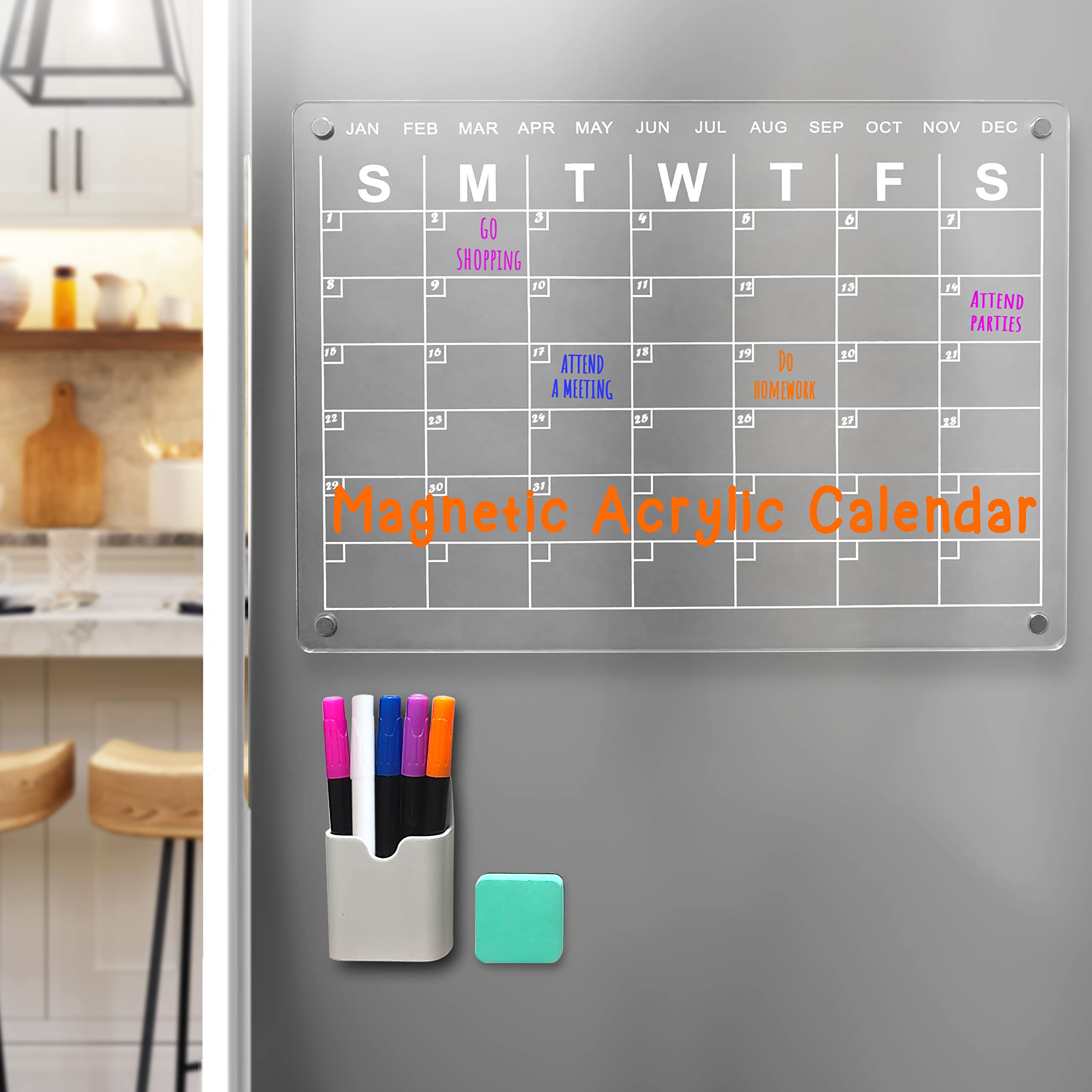 Photo 1 of Acrylic Calendar for Fridge Magnetic Dry Erase Board for Refrigerator 16’’x 12’’ Fridge Calendar Dry Erase Calendar with 5 Dry Erase Markers and Eraser