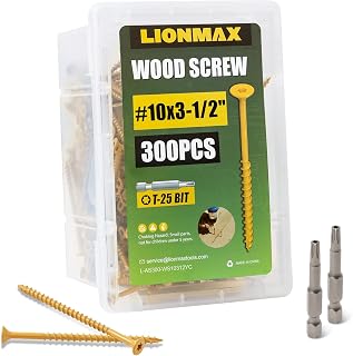 LIONMAX #10 x 3-1/2" Tan Deck Screws, 300pcs Rust-Resistant Exterior Wood Screws w/Torx Drive & T25 Bit for Decks, Fences