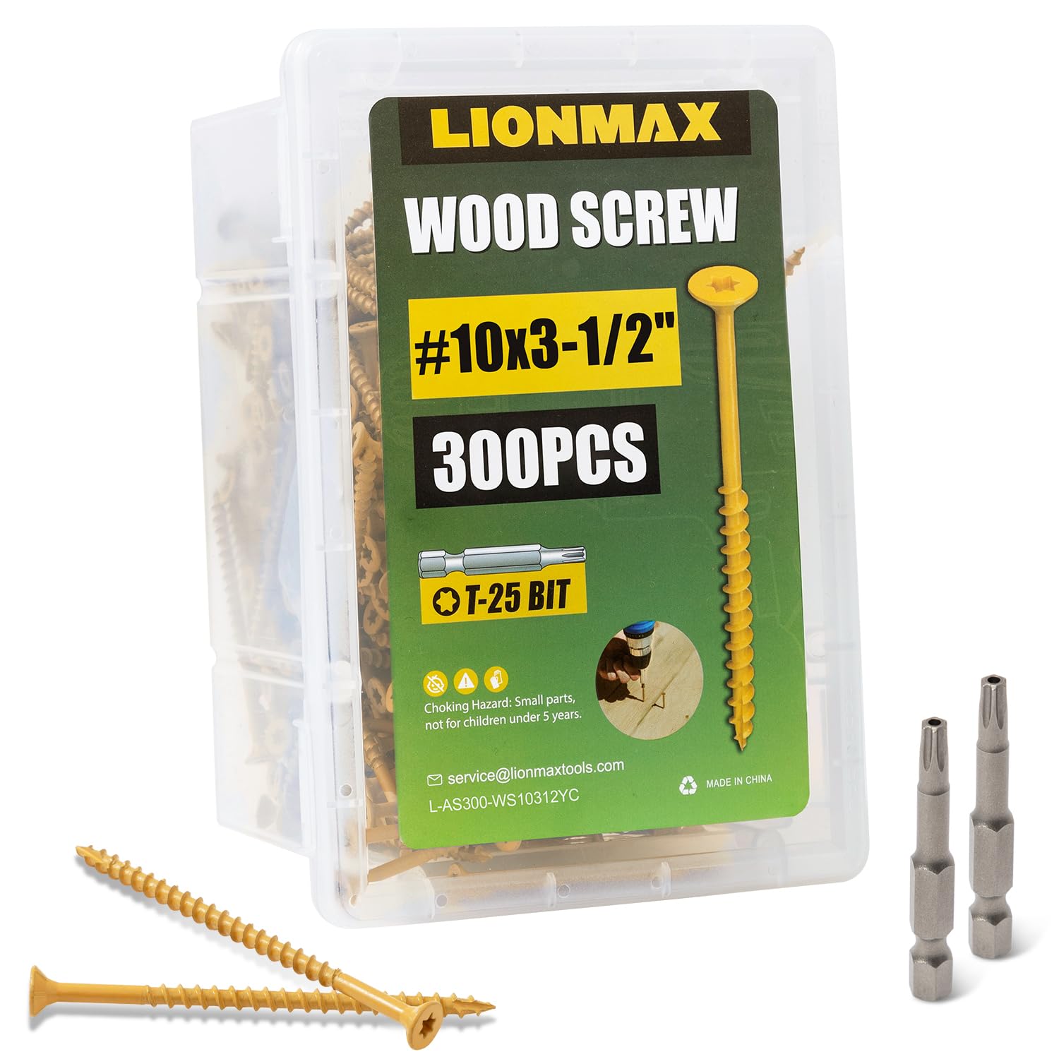 LIONMAX #10 x 3-1/2" Tan Deck Screws, 300pcs Rust-Resistant Exterior Wood Screws w/Torx Drive & T25 Bit for Decks, Fences