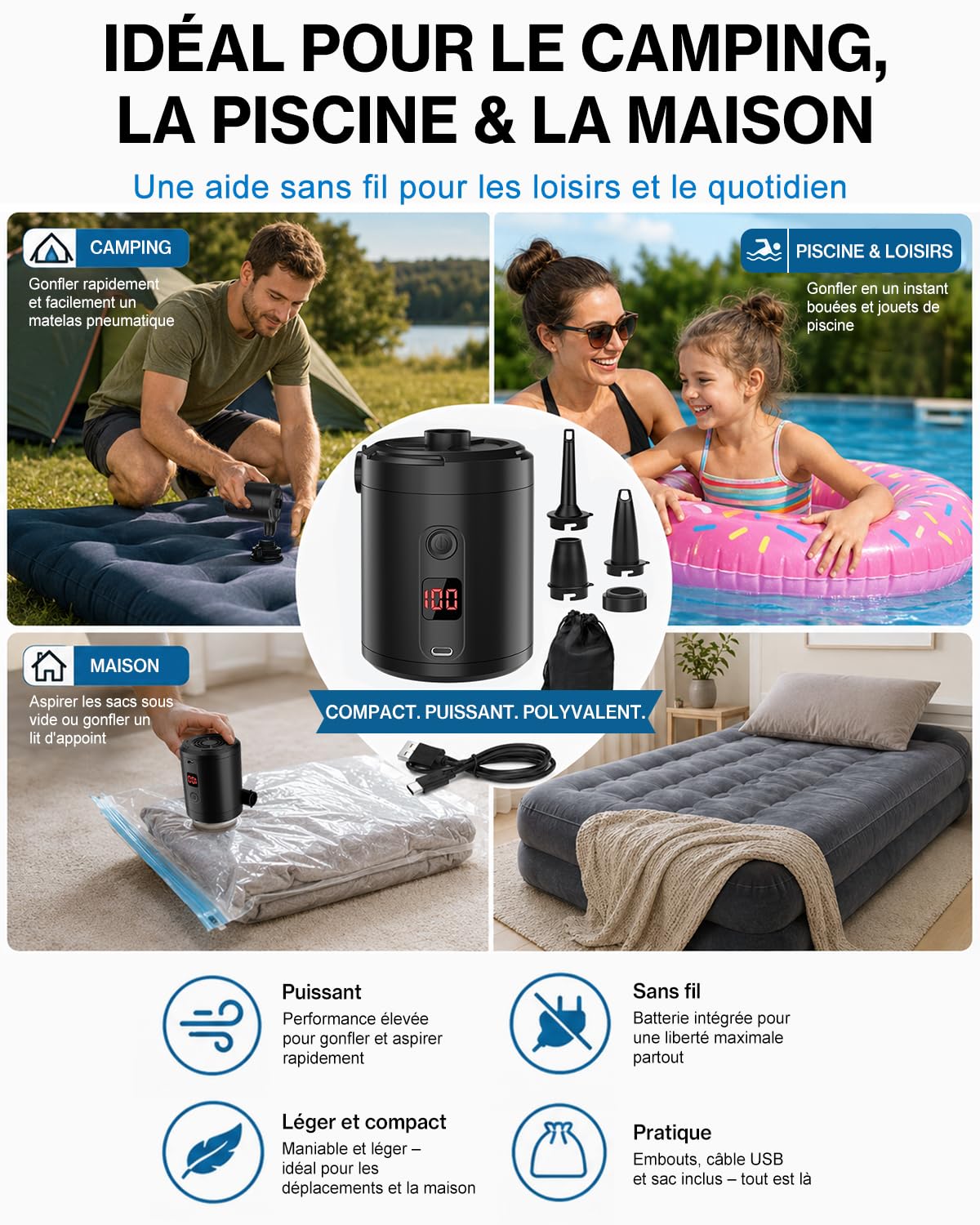 Pompe à Air Électrique Rechargeable 5200 mAh 280 L/Min avec Écran Numérique, Gonfleur Rapide Portable pour Matelas et Piscine