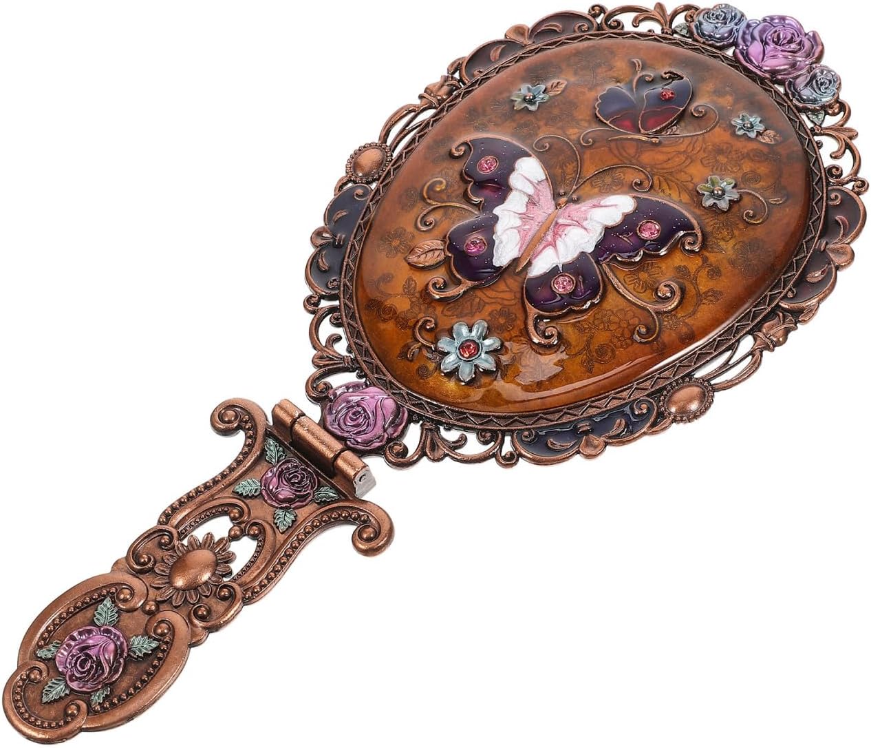 FRCOLOR Hand Mirror Vintage Makeup Mirror Foldable Butterfly Metal Cosmetic Decorative Compact Portable with Embossed Handle for Makeup Salon