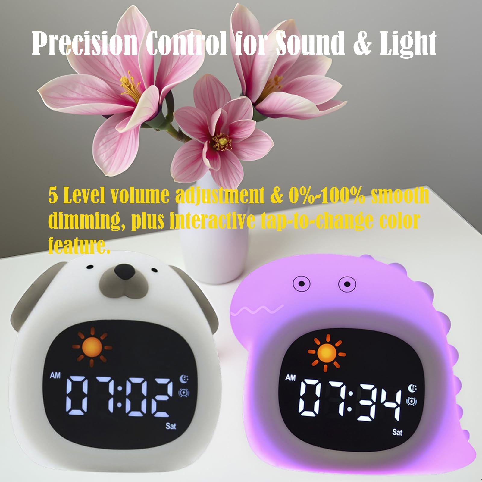Reloj despertador con luz nocturna, lindo animal de dibujos animados de perros/dinosaurio/gato/oso de arena/búho/nube, reloj OK para despertar con ruido blanco, pantalla digital, reloj