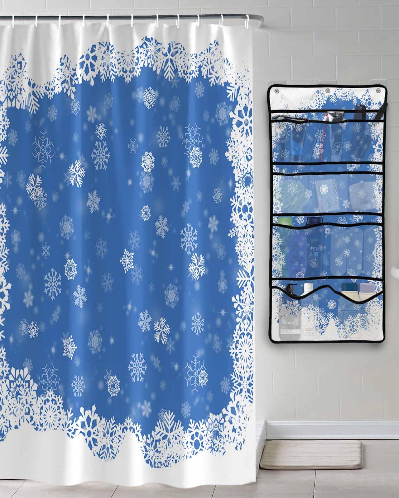 Shower Curtain Mesh Shower Organizer Hanging Set Christmas Dreamlike Winter Snowflake Blue Background Waterproof Shower Curtains with 10