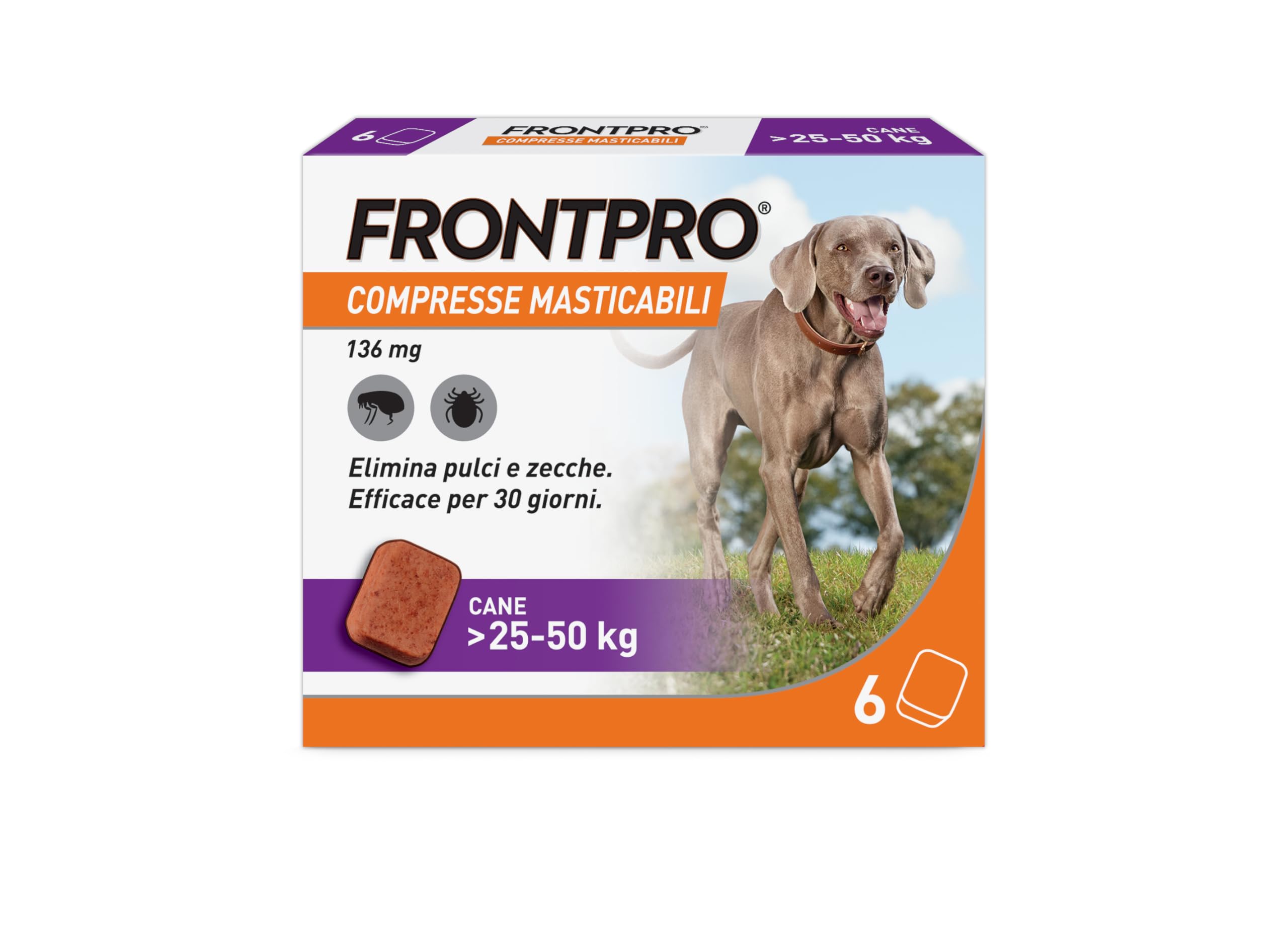FRONTPRO 6 Compresse Masticabili Antiparassitario per Cani di Peso > 25-50 kg Protegge da Pulci e Zecche, Antipulci in Confezione da 6 Compresse da 136 mg di Afoxolaner
