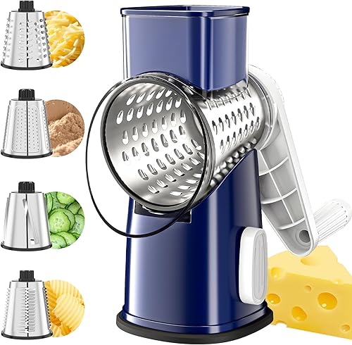 VEKAYA Rallador de queso, rallador de queso, manivela de mano, 4 cuchillas intercambiables, triturador de queso, rebanador de verduras, base de