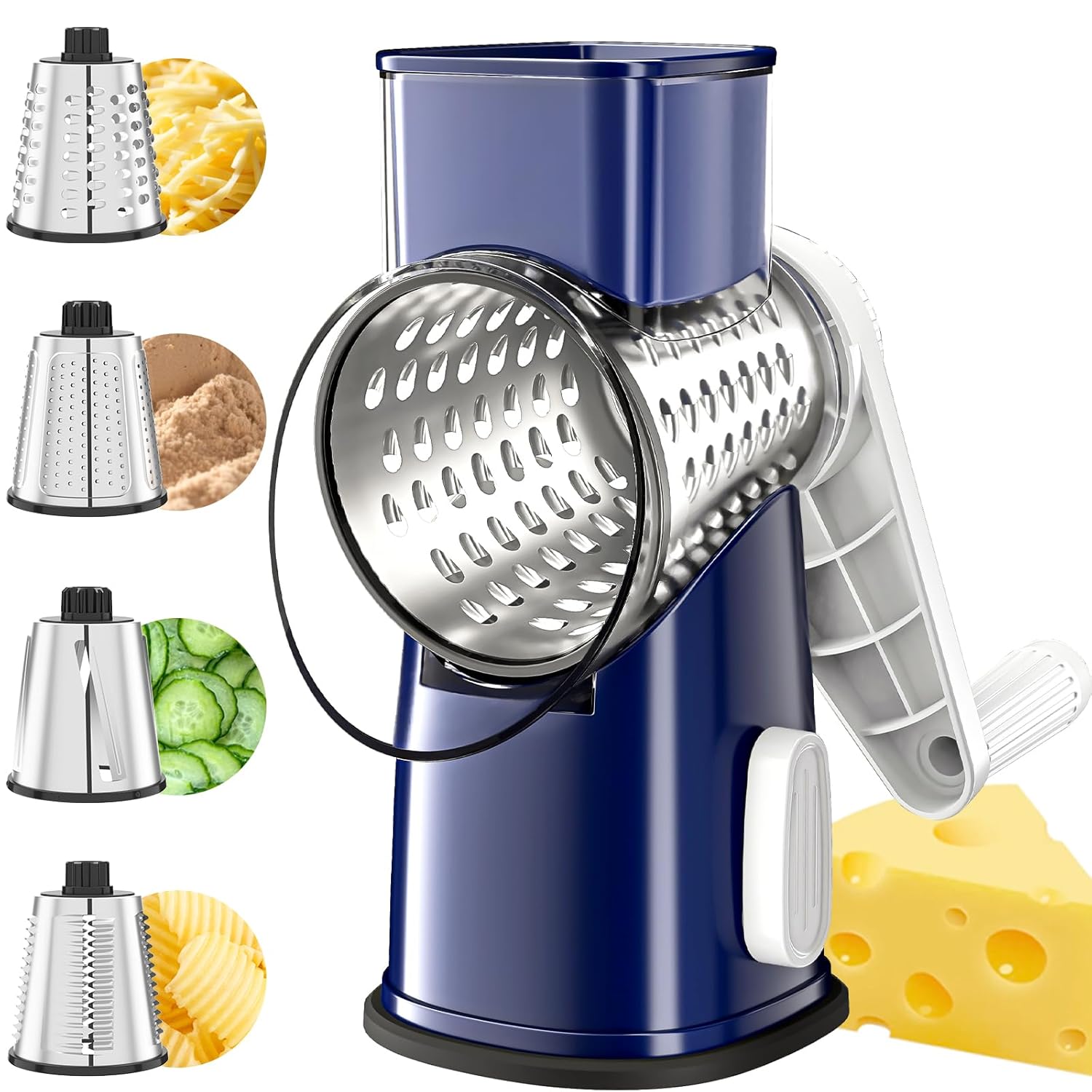 VEKAYA Cheese Grater Cheese Grater Hand Crank 4 Interchangeable Blades Cheese Shredder Vegetable Slicer Non-slip Suction Base Easy