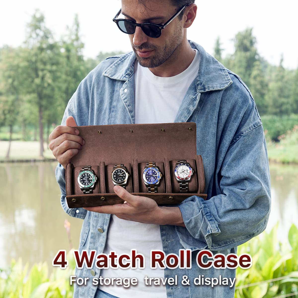 CONTACTS Étui de voyage en cuir véritable pour 4 montres, étui de rangement pour 4 montres, étui de protection portable pour montres de voyage vintage (café-1140)