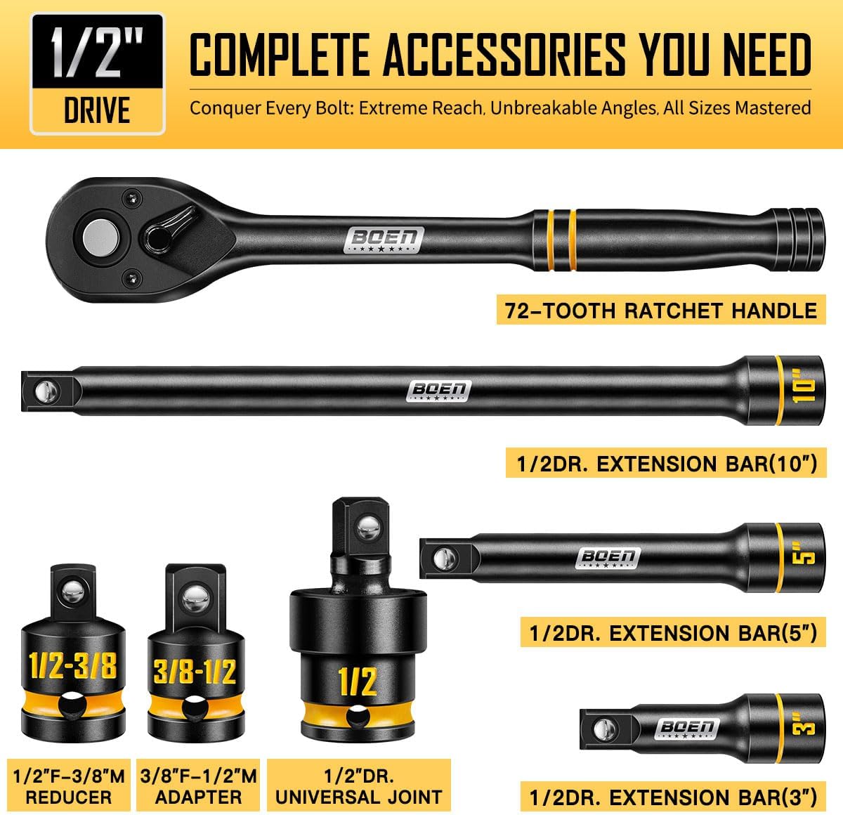 BOEN 1/2" Drive Impact Socket Set, 65-Piece Standard SAE (3/8" to 1-1/4") & Metric (10mm-24mm) Deep & Shallow Socket with Embossed Painted Marking, Includes Adapters, Ratchet Wrench, Extension Bars
