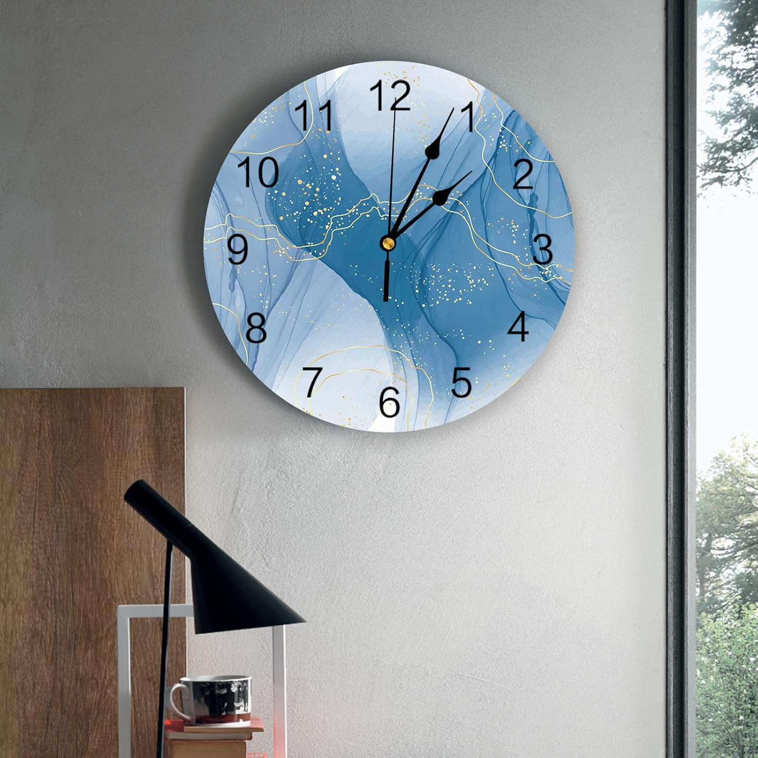 Wall Clock Blue Marble Battery Operated Clocks PVC Silent Non-Ticking Wallclock 12 Inch Abstract Modern Gold Powder Round Wall Clocks for Living Room Bedroom Kitchen Office School Bathroom Home Decor