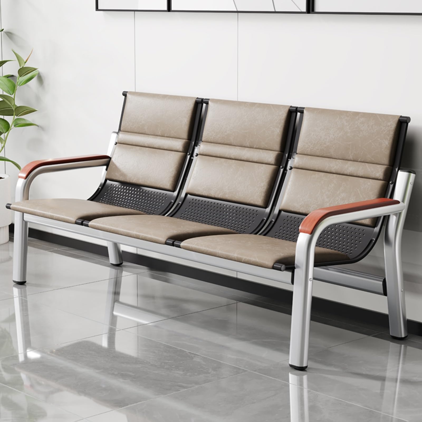 SnamicE Purple 3Seat Waiting Room Chairs with ArmsLeather Office Reception Bench for Airport, Bank, Salon & Conference Entryway,Grey