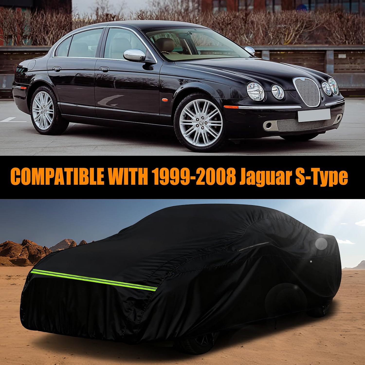 Waterproof Car Cover Compatible with 1999-2008 Jaguar S-Type, 6 Layers All Weather Classic Car Covers with Inner Cotton&Zipper Door and Windproof Bnads for Snow Rain Dust Protection