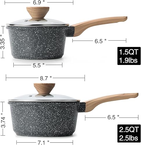 Miniatura 6 de Kordisen Juego de Cacerolas con Tapa, 1.5QT y 2.5QT Ollas Pequeñas Antiadherentes con Revestimiento de Granito, Cacerola con Pico Vertedor, Sartenes