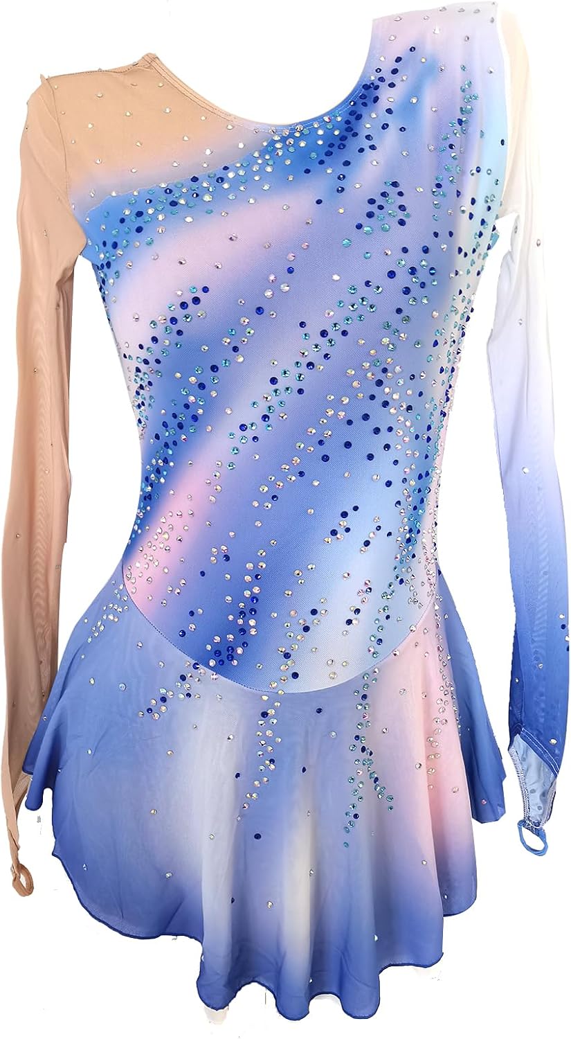 Girl's Blue Gradient Figure Skating Costume Elegant Dress for Performance and Practice