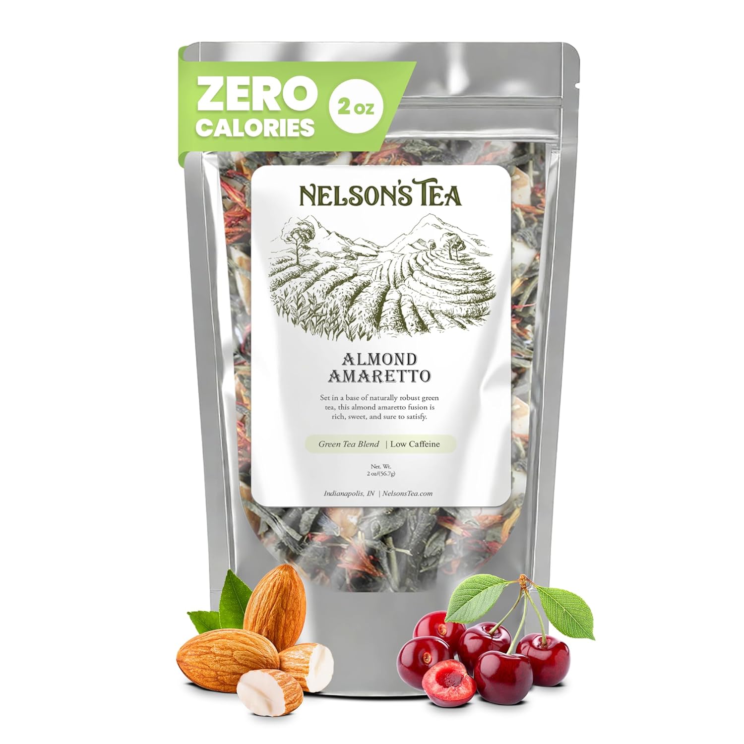 Nelson’s Tea Almond Amaretto – Herbal Green Loose Leaf Tea, Curated Blend with Sencha Green Tea, almonds, Dried Cherries, and Safflower – Perfect for Bedtime Brew (2 oz)