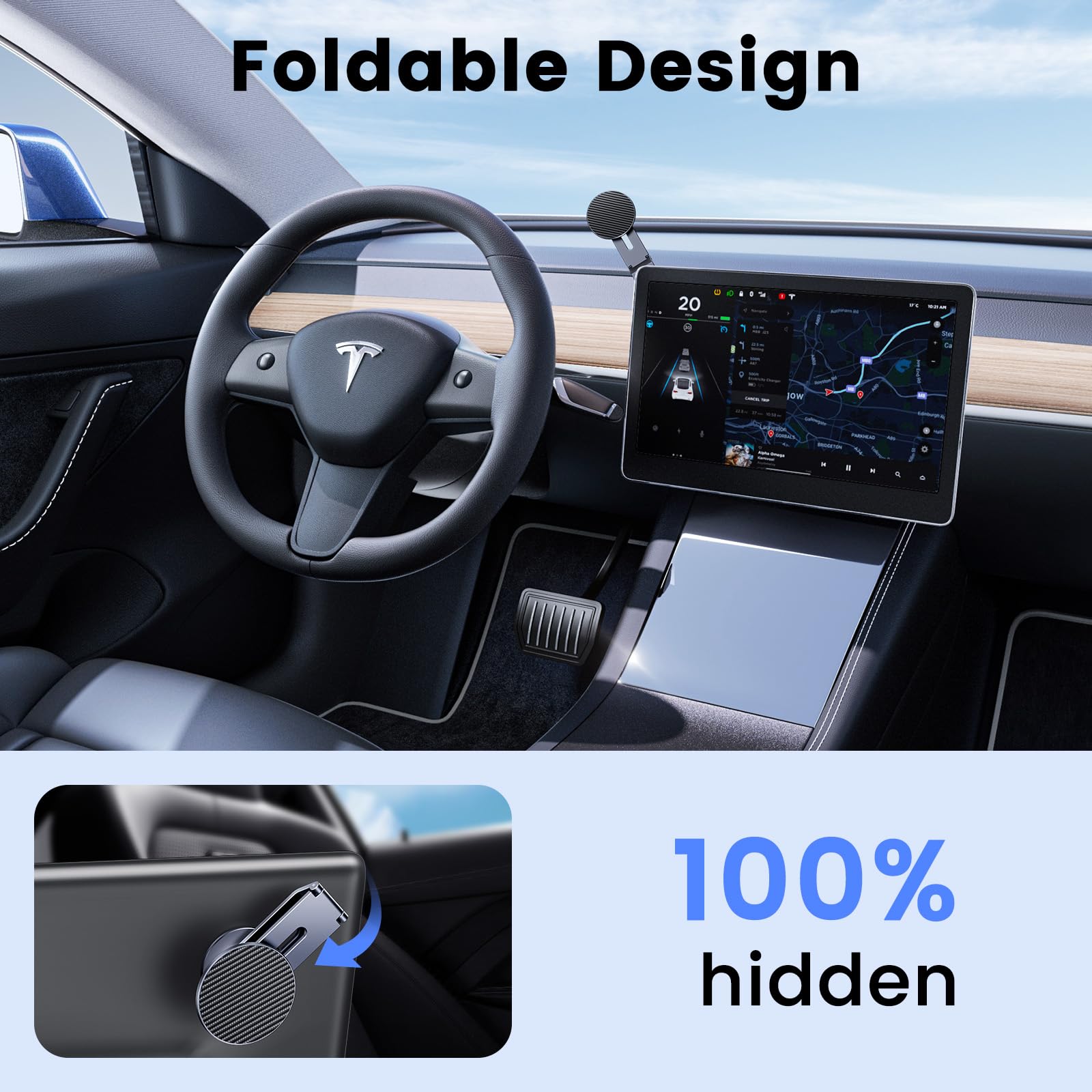 Tesla - Soporte para teléfono con carga rápida MagSafe de 15 W, soporte oculto plegable para coche para Tesla Model 3/Y/Cybertruck, soporte de pantalla giratorio de 360° con imanes N52