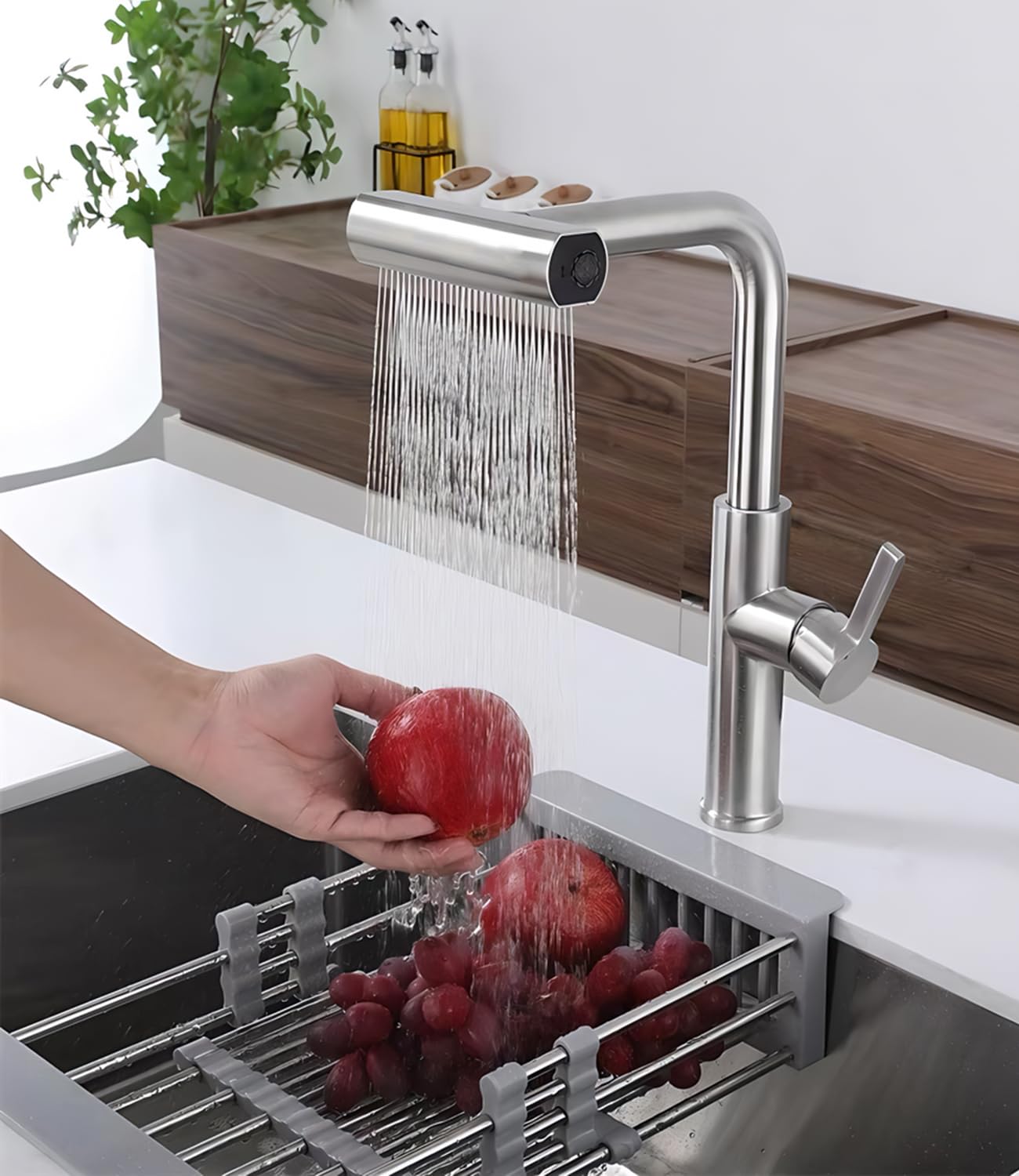 Robinet Cuisine avec Douchette – Mitigeur de Cuisine Inox Rotatif 360° avec 4 Modes de Pulvérisation, Robinet de Cuisine avec Douchette Extractible pour Évier
